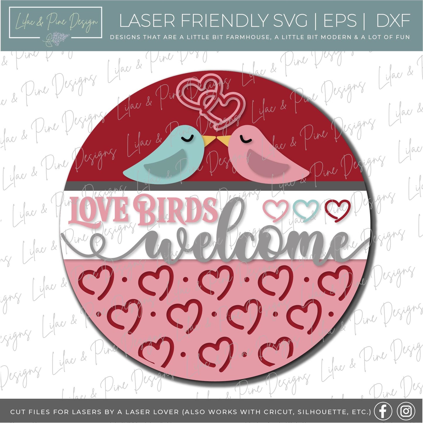 Love Birds Welcome sign SVG, Valentine door hanger, bird door round svg, heart pattern, Valentine door decor, Glowforge file, laser svg
