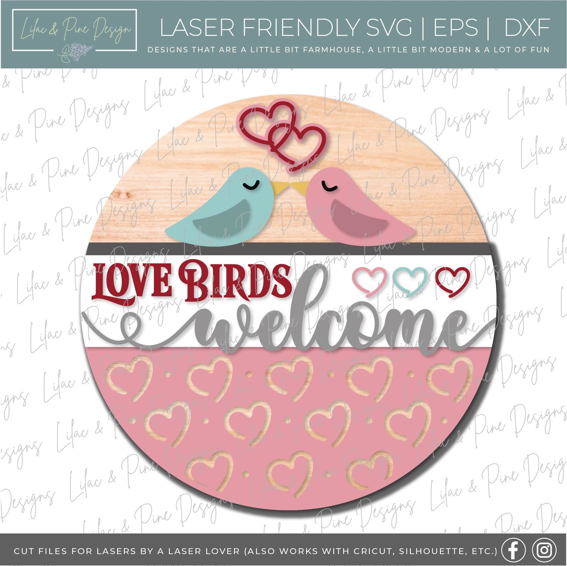 Love Birds Welcome sign SVG, Valentine door hanger, bird door round svg, heart pattern, Valentine door decor, Glowforge file, laser svg