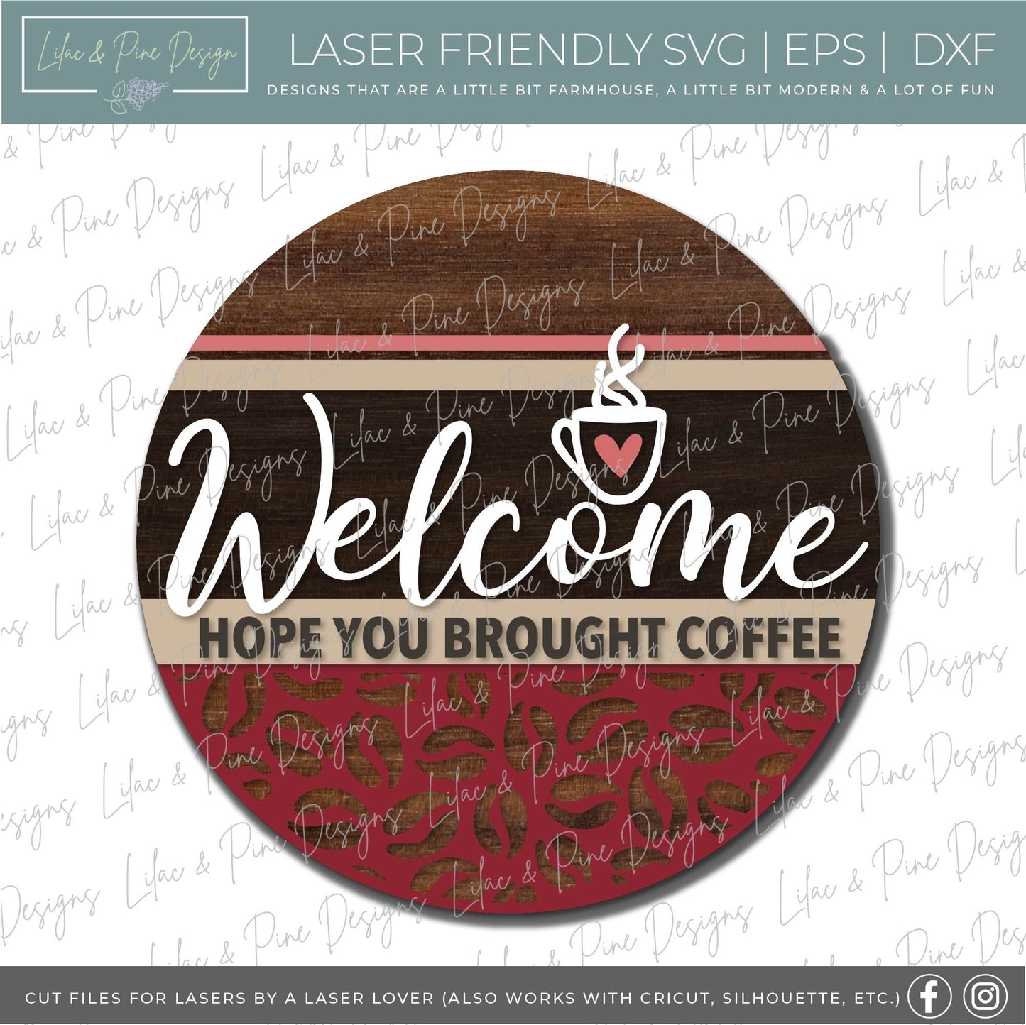 Welcome Coffee sign SVG, Welcome door hanger, Coffee door round svg, coffee bean pattern, Everyday porch decor, Glowforge file, laser svg
