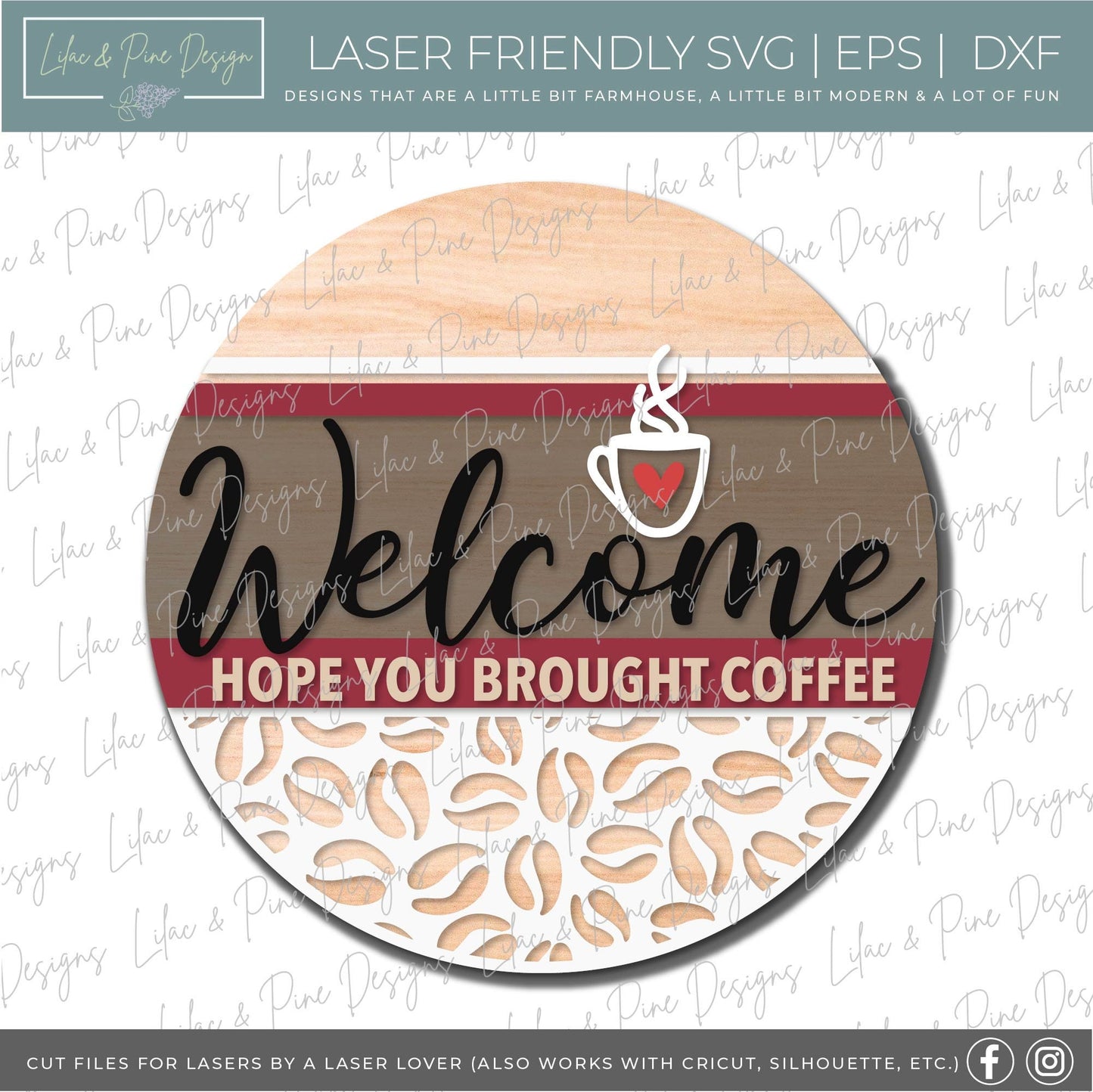 Welcome Coffee sign SVG, Welcome door hanger, Coffee door round svg, coffee bean pattern, Everyday porch decor, Glowforge file, laser svg