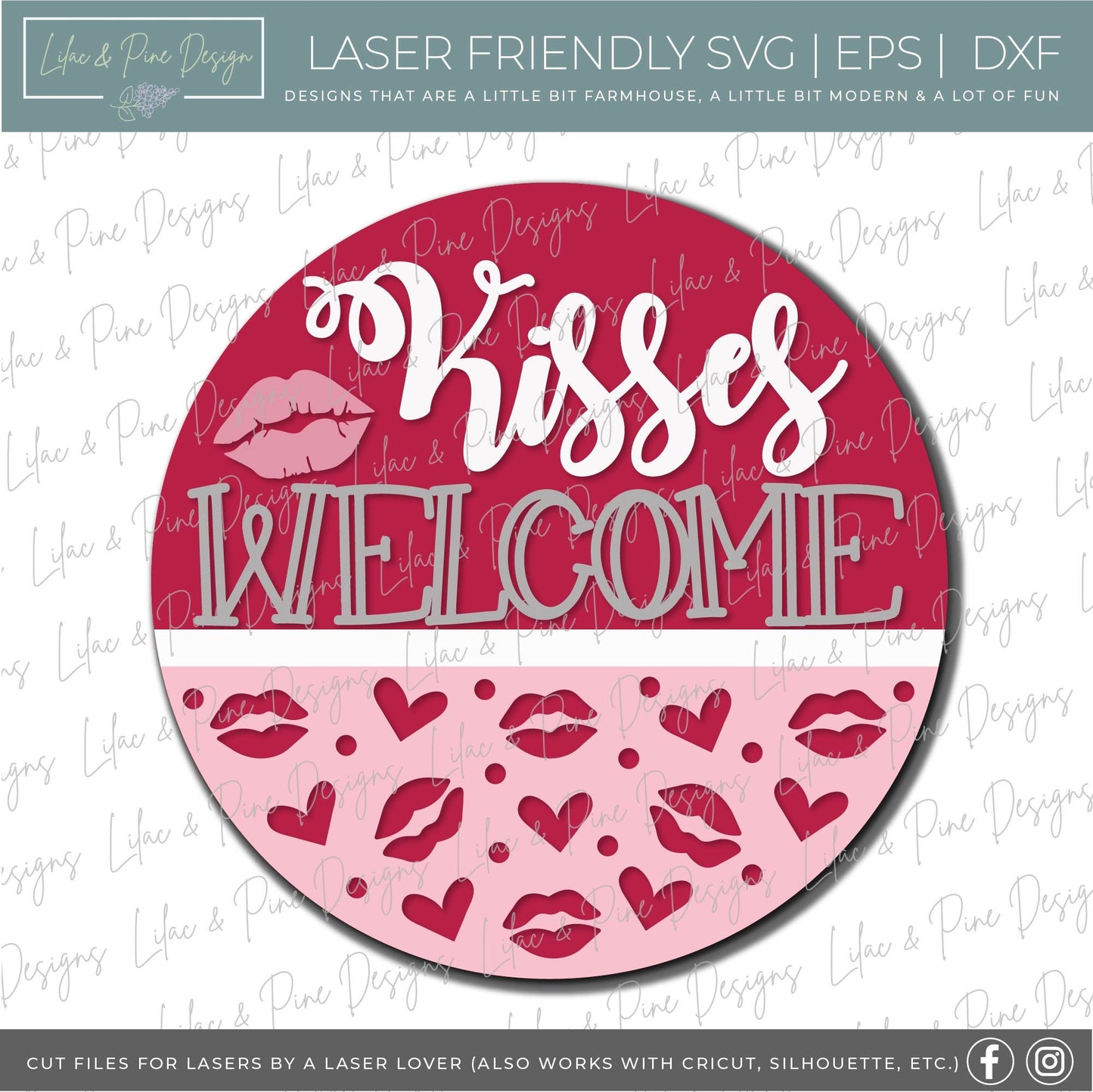 Kisses Welcome door hanger, Lipstick and hearts Welcome sign SVG, Valentine sign SVG, Valentines Day decor SVG, Glowforge file, laser svg