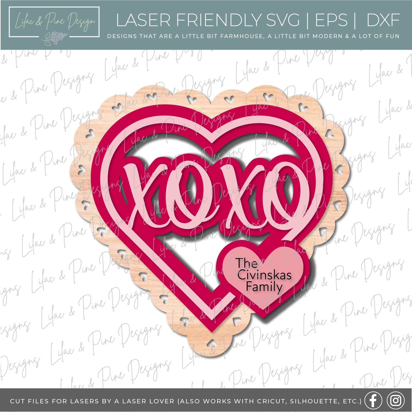 XOXO heart door hanger, Personalized Heart Welcome SVG, Scalloped heart, Valentine sign svg, Valentines Day decor, Glowforge file, laser svg