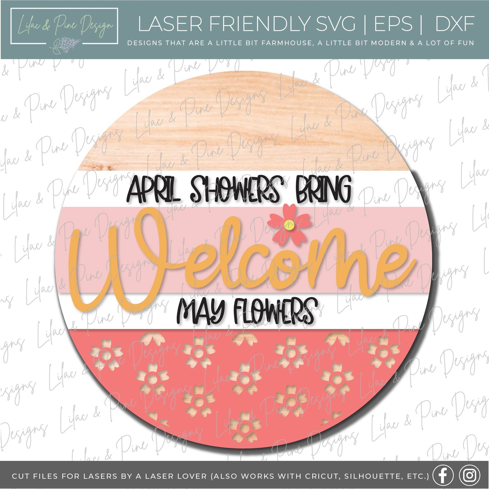 Spring Welcome door hanger SVG, Round porch Welcome sign SVG, April showers may flowers SVG, Spring decor, Glowforge Svg, laser cut file