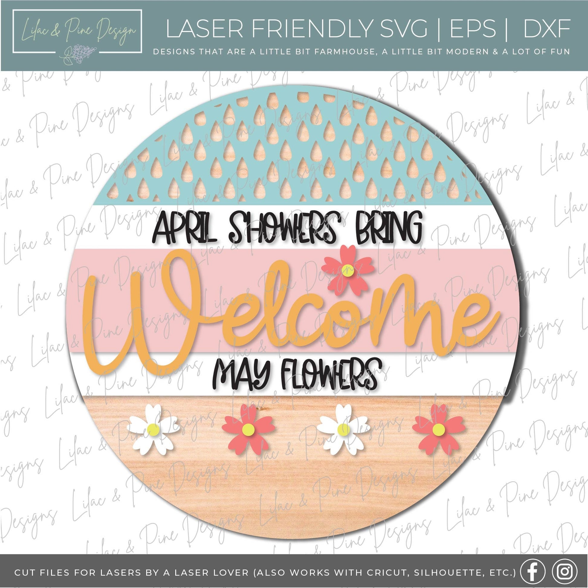 Spring Welcome door hanger SVG, Round porch Welcome sign SVG, April showers may flowers SVG, Spring decor, Glowforge Svg, laser cut file