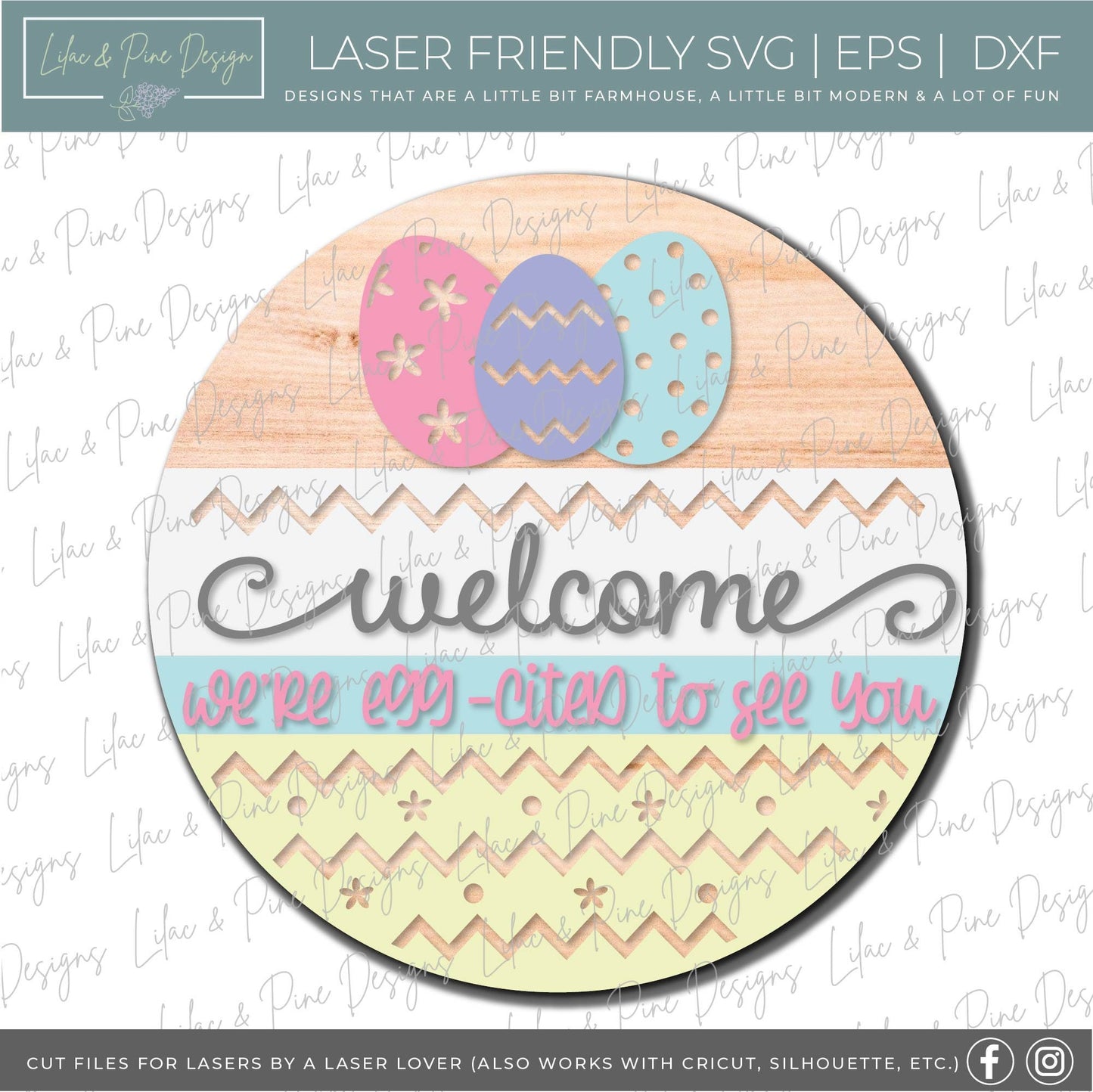 Easter Welcome door hanger SVG, Round porch Welcome sign SVG, Easter egg SVG, Farmhouse Easter decor, Glowforge svg file, laser cut file