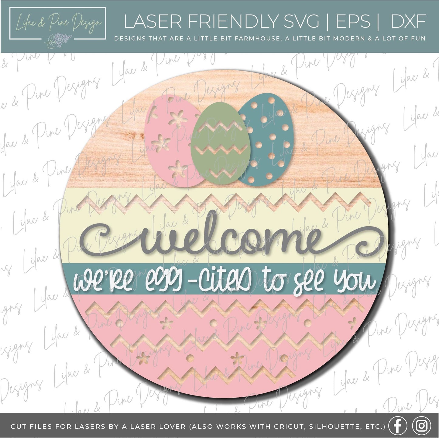 Easter Welcome door hanger SVG, Round porch Welcome sign SVG, Easter egg SVG, Farmhouse Easter decor, Glowforge svg file, laser cut file