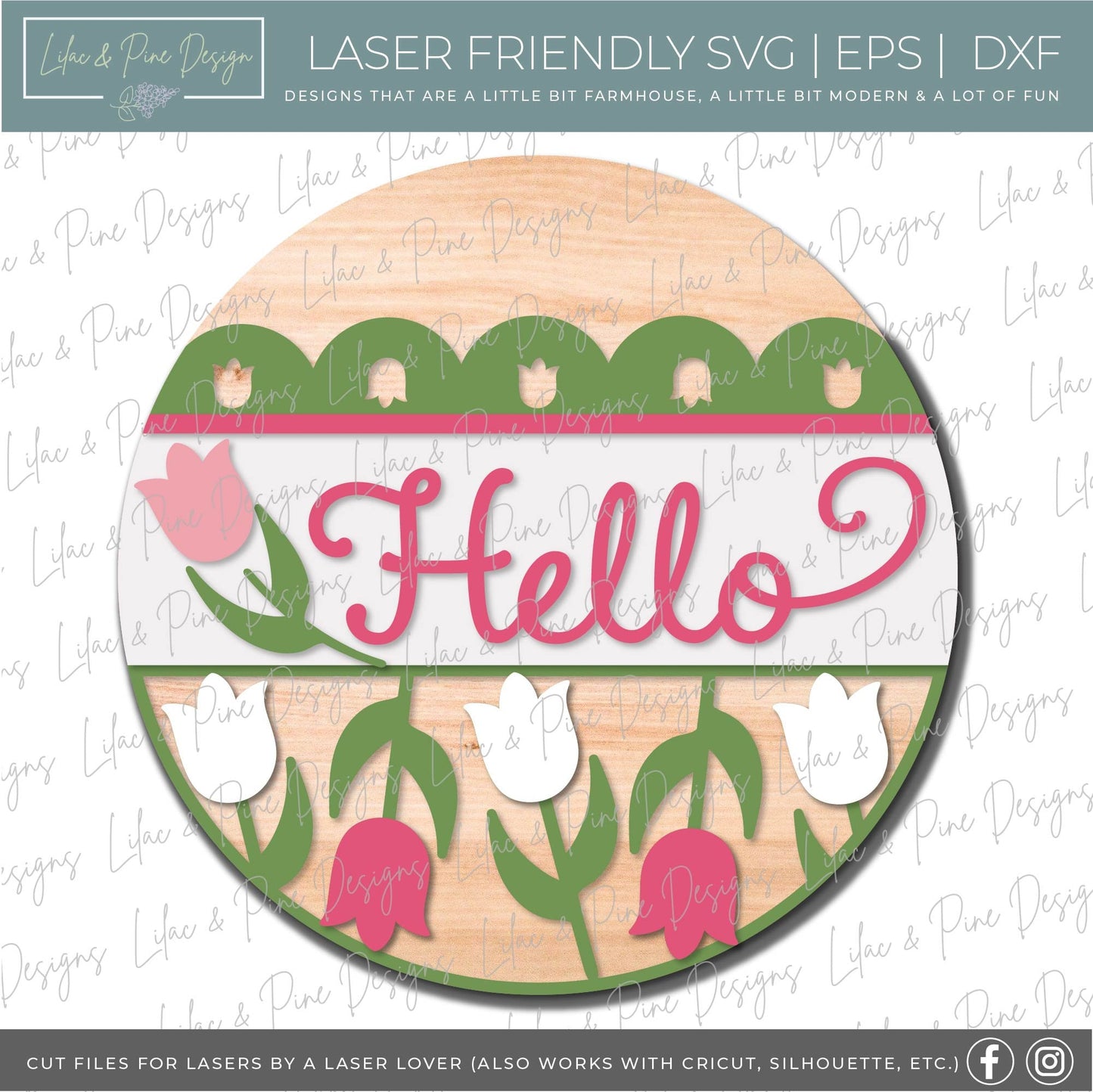 Hello Tulip door hanger SVG, Spring porch sign, Tulip svg, Spring Welcome SVG, Spring decor, door sign, Glowforge Svg, laser cut file