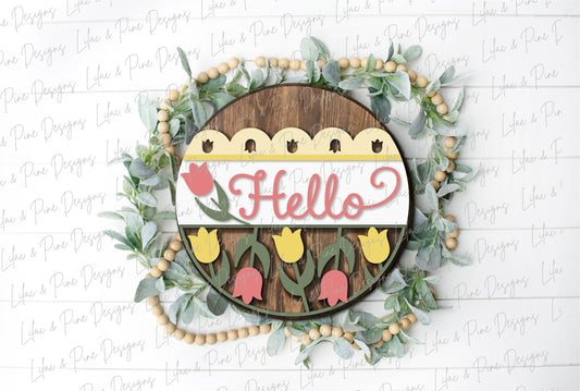 Hello Tulip door hanger SVG, Spring porch sign, Tulip svg, Spring Welcome SVG, Spring decor, door sign, Glowforge Svg, laser cut file