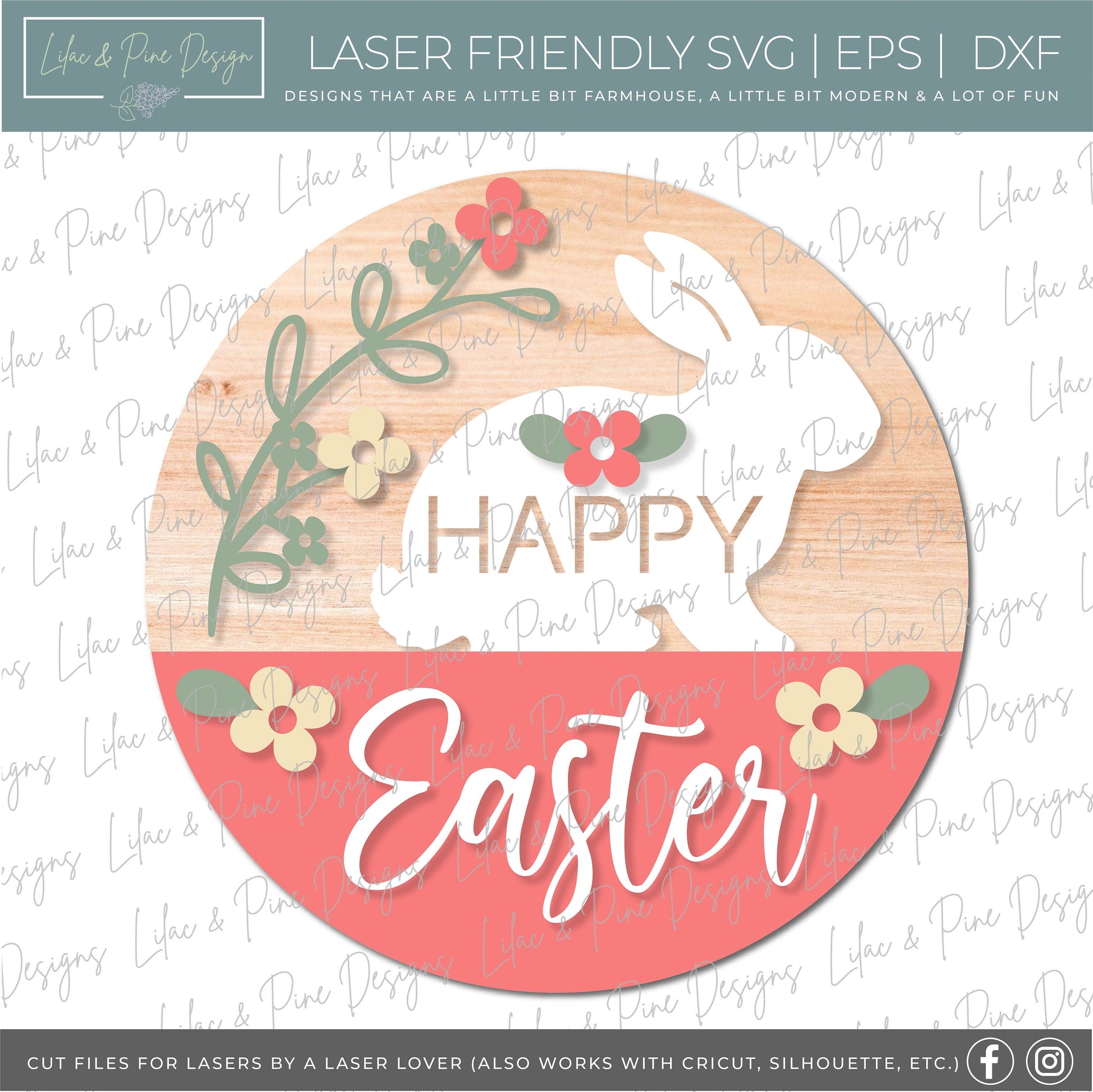 Happy Easter Welcome door hanger, Easter porch sign SVG, Easter bunny SVG, floral svg, Farmhouse Easter decor, Glowforge svg, laser cut file