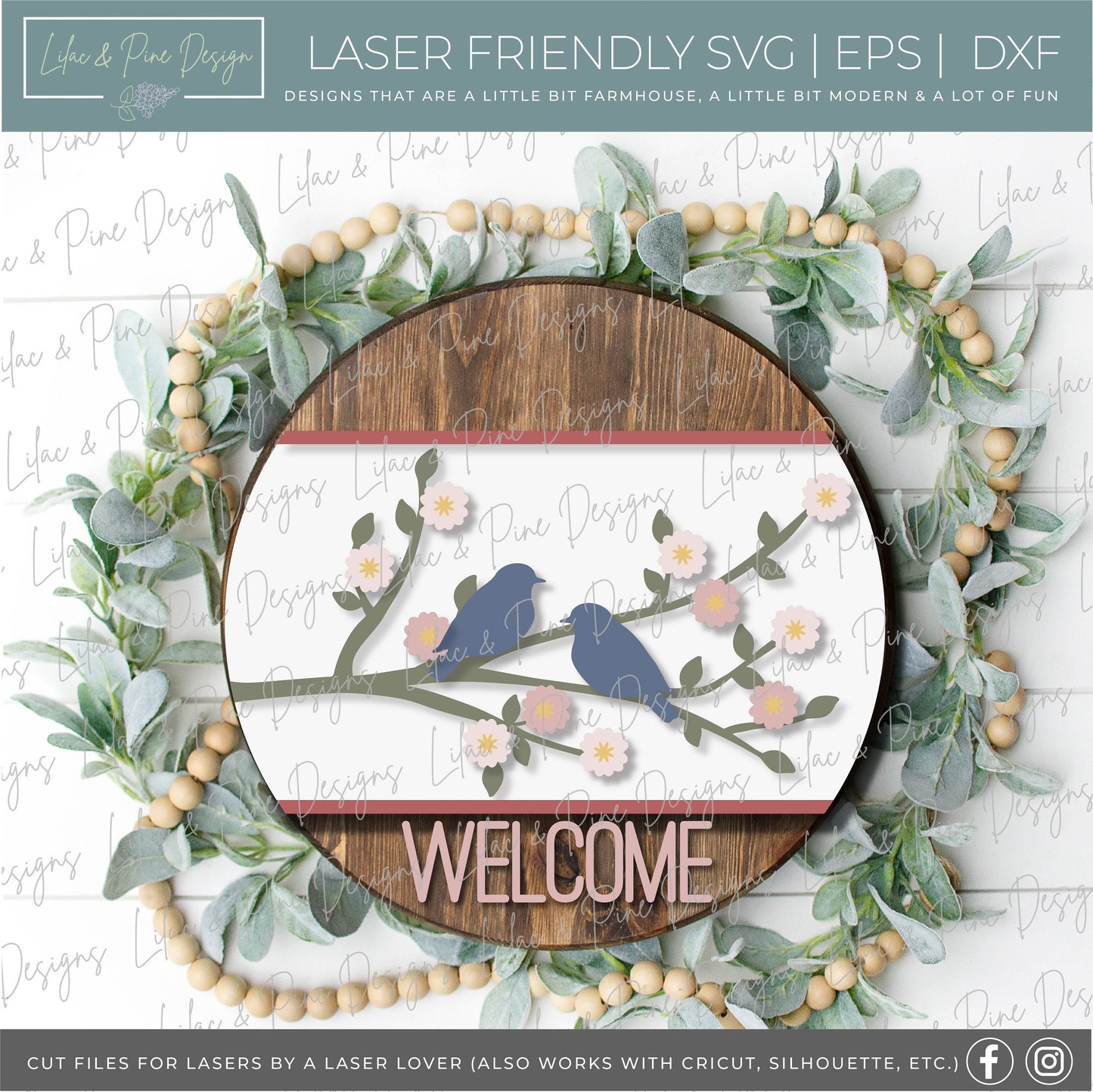 Birds on branch door hanger SVG, Spring Welcome sign, apple blossom svg, cherry blossom SVG, Spring decor, Glowforge Svg, laser cut file
