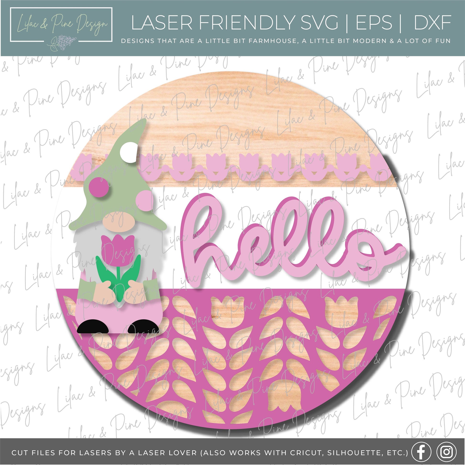 Gnome Spring door hanger, Gnome hello porch sign SVG, tulip SVG, nordic design sign, Farmhouse spring decor, Glowforge svg, laser cut file