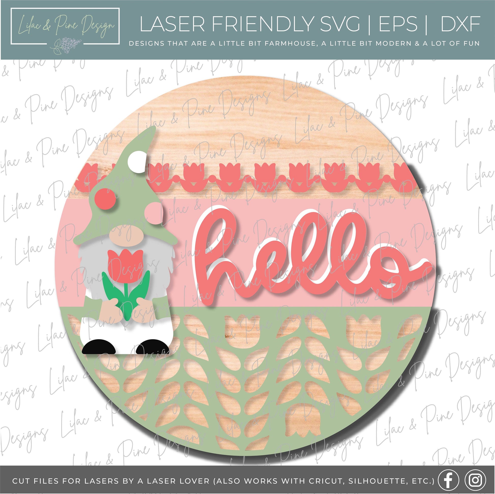 Gnome Spring door hanger, Gnome hello porch sign SVG, tulip SVG, nordic design sign, Farmhouse spring decor, Glowforge svg, laser cut file