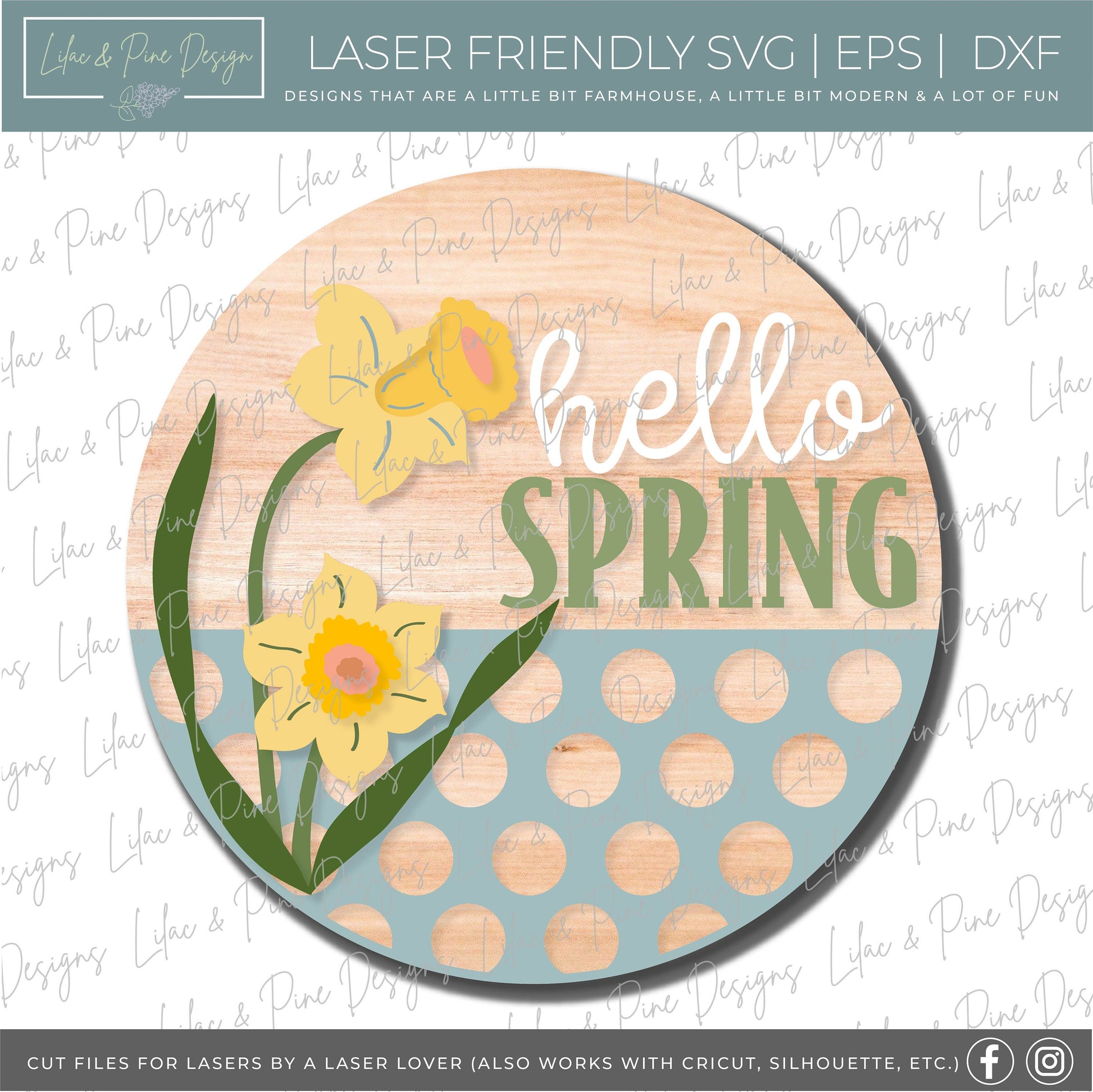 Hello Spring door hanger, Daffodil porch sign SVG, round flower sign, floral SVG, Farmhouse spring decor, Glowforge svg, laser cut file