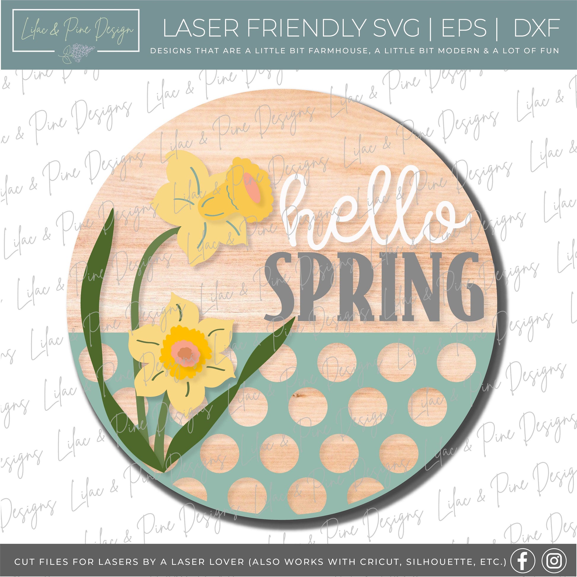 Hello Spring door hanger, Daffodil porch sign SVG, round flower sign, floral SVG, Farmhouse spring decor, Glowforge svg, laser cut file