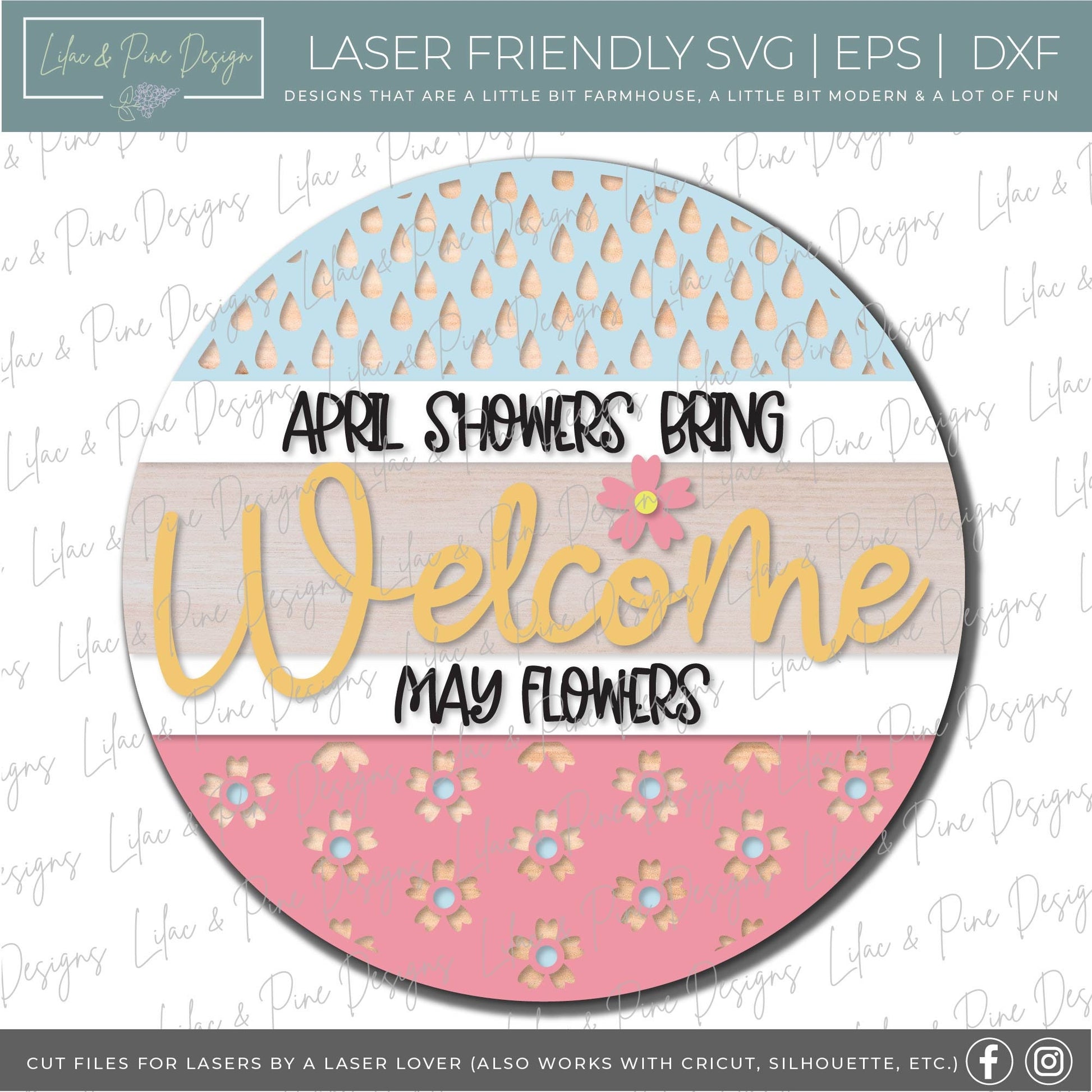 Spring Welcome door hanger SVG, Round porch Welcome sign SVG, April showers may flowers SVG, Spring decor, Glowforge Svg, laser cut file