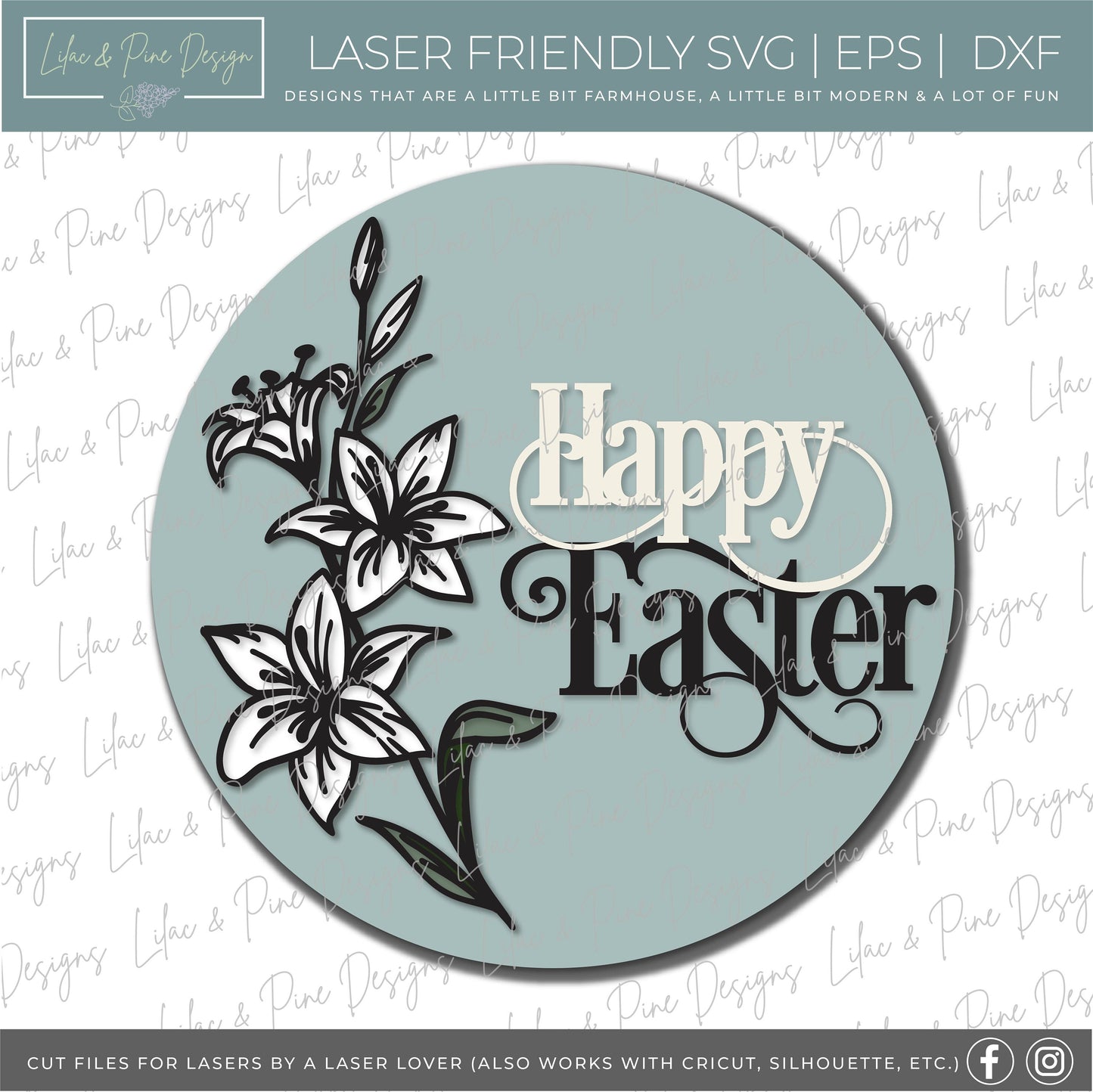 Happy Easter door hanger, happy spring porch sign SVG, round Easter lily sign, Farmhouse Easter decor, Glowforge svg files, laser cut file