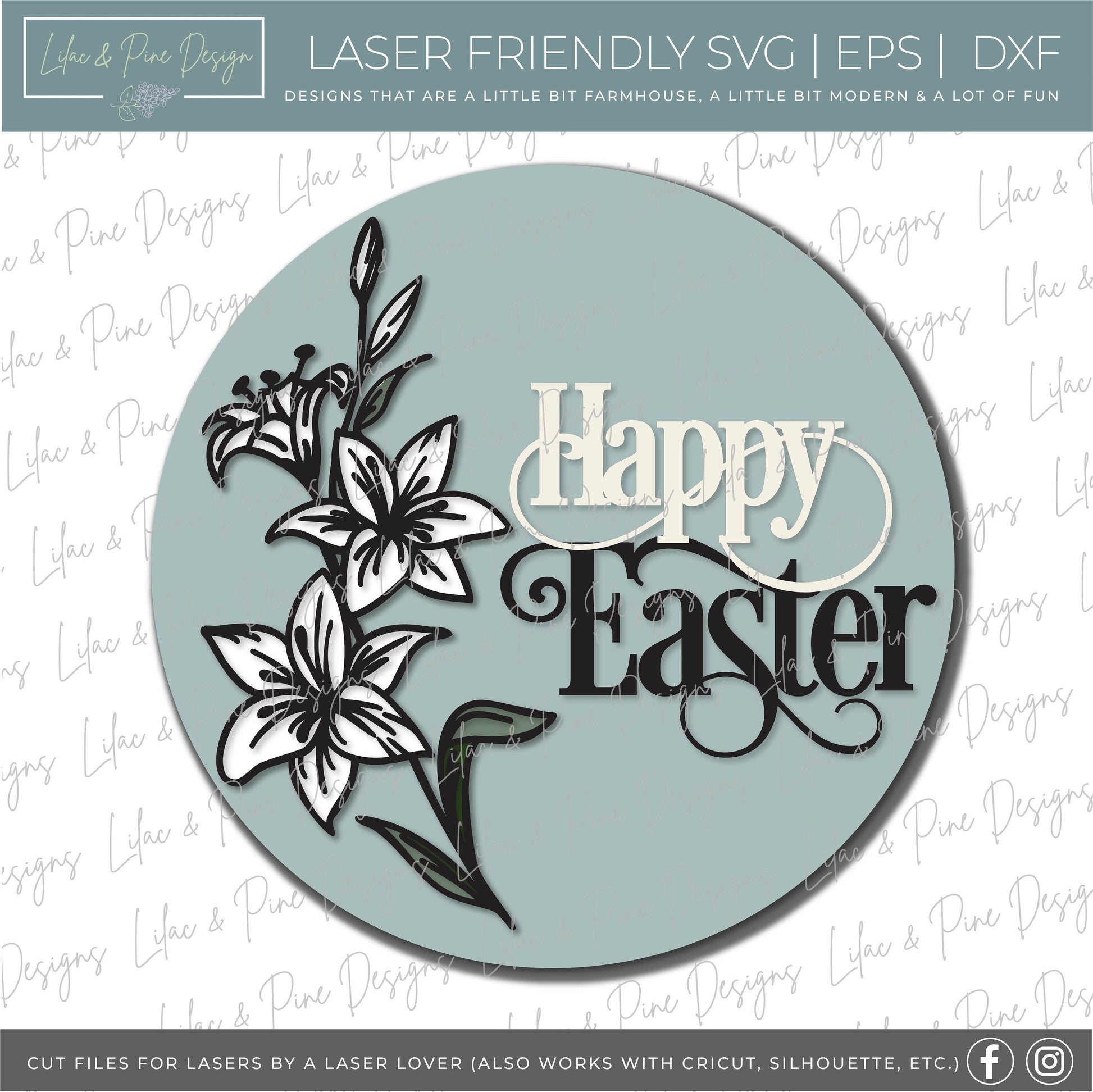 Happy Easter door hanger, happy spring porch sign SVG, round Easter lily sign, Farmhouse Easter decor, Glowforge svg files, laser cut file