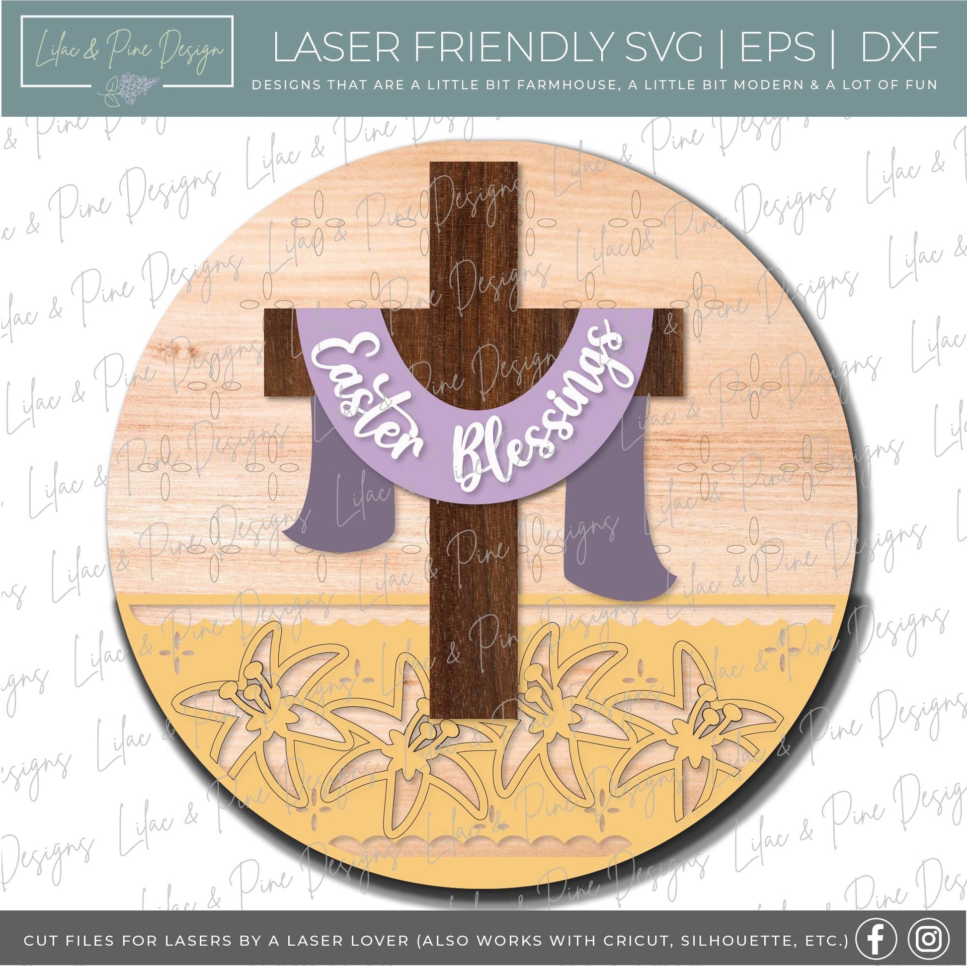 Easter Blessing door hanger, Easter Cross porch sign SVG, Resurrection sign, cross SVG, Easter lily SVG, Glowforge file svg, laser cut file