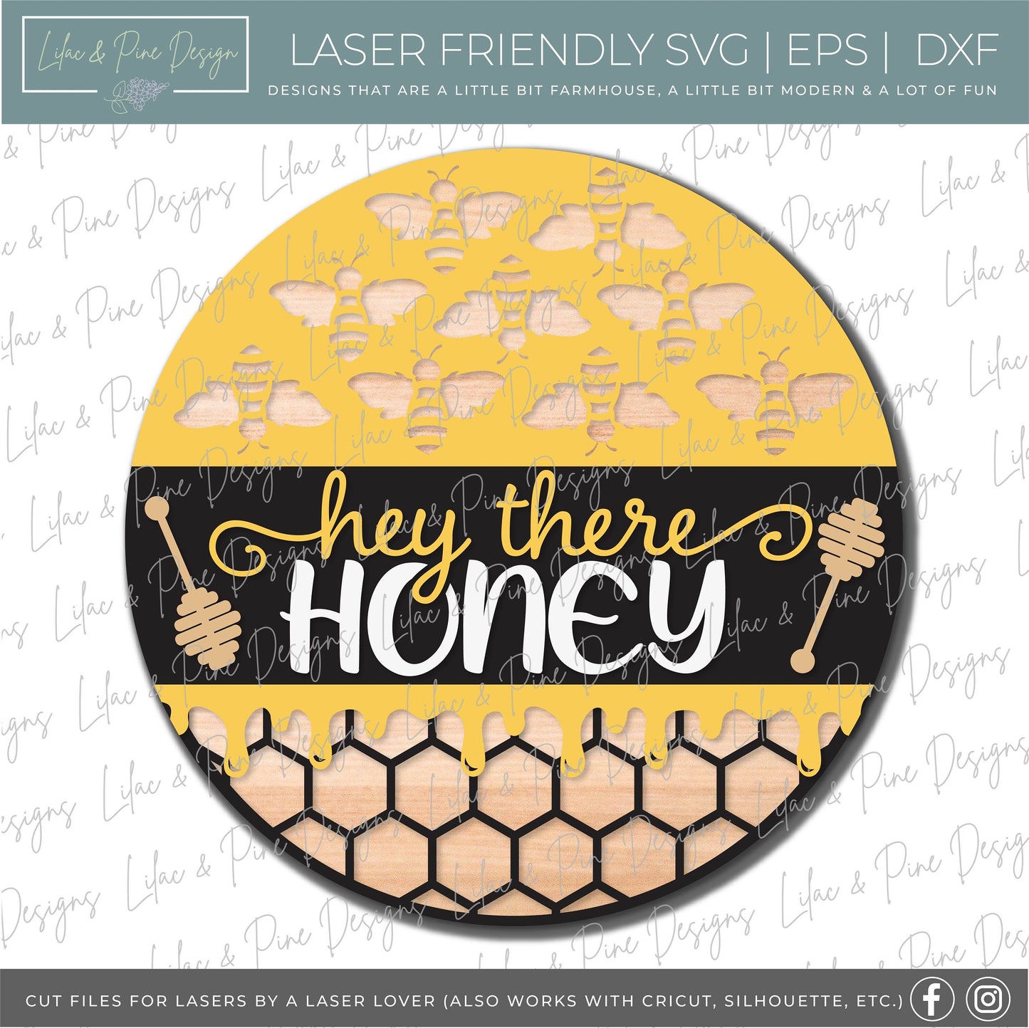 Hey there Honey door hanger SVG, Bee round Welcome sign, Honeycomb svg, Honey SVG, Summer decor, Glowforge cut file, laser SVG file
