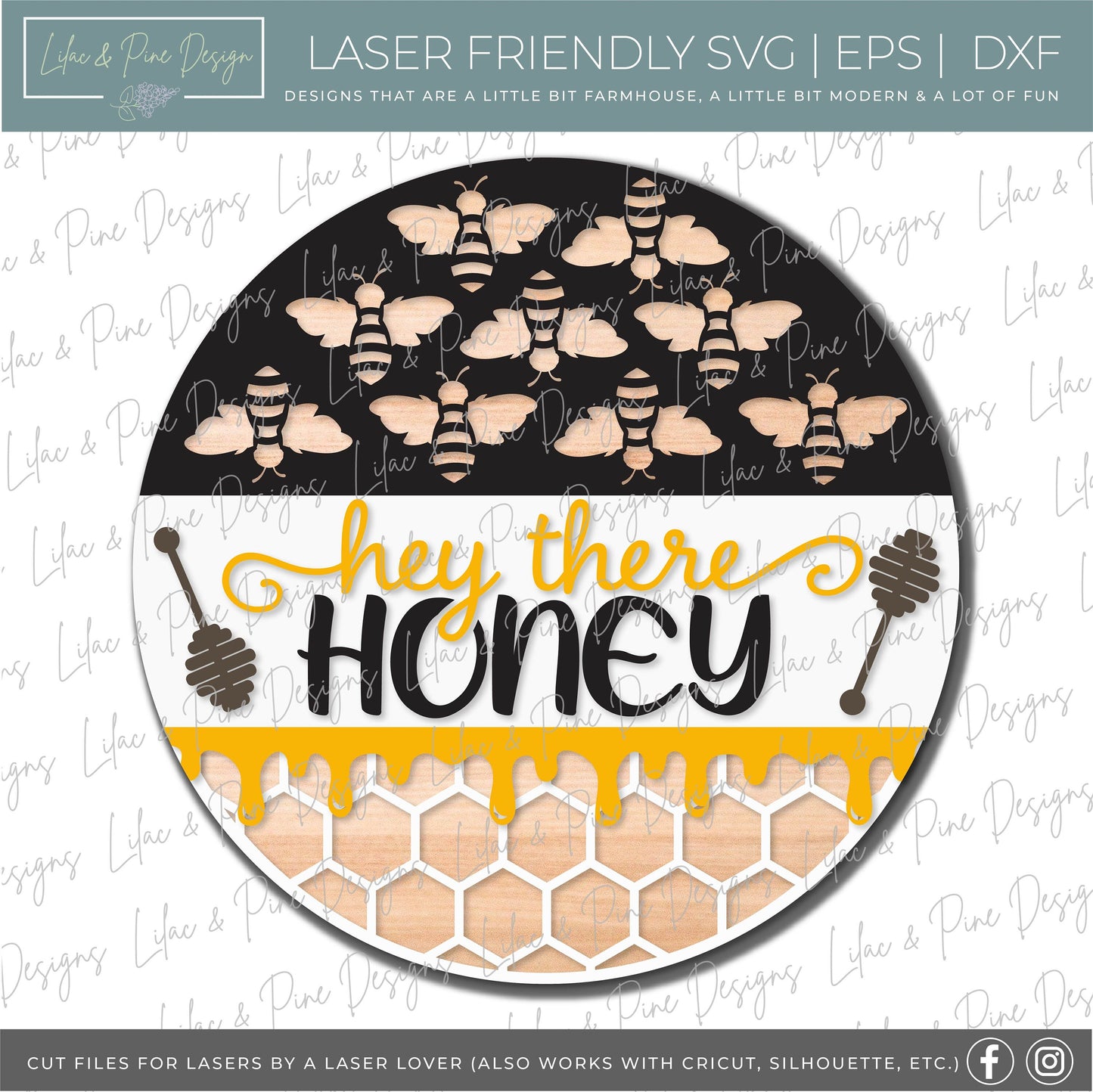 Hey there Honey door hanger SVG, Bee round Welcome sign, Honeycomb svg, Honey SVG, Summer decor, Glowforge cut file, laser SVG file