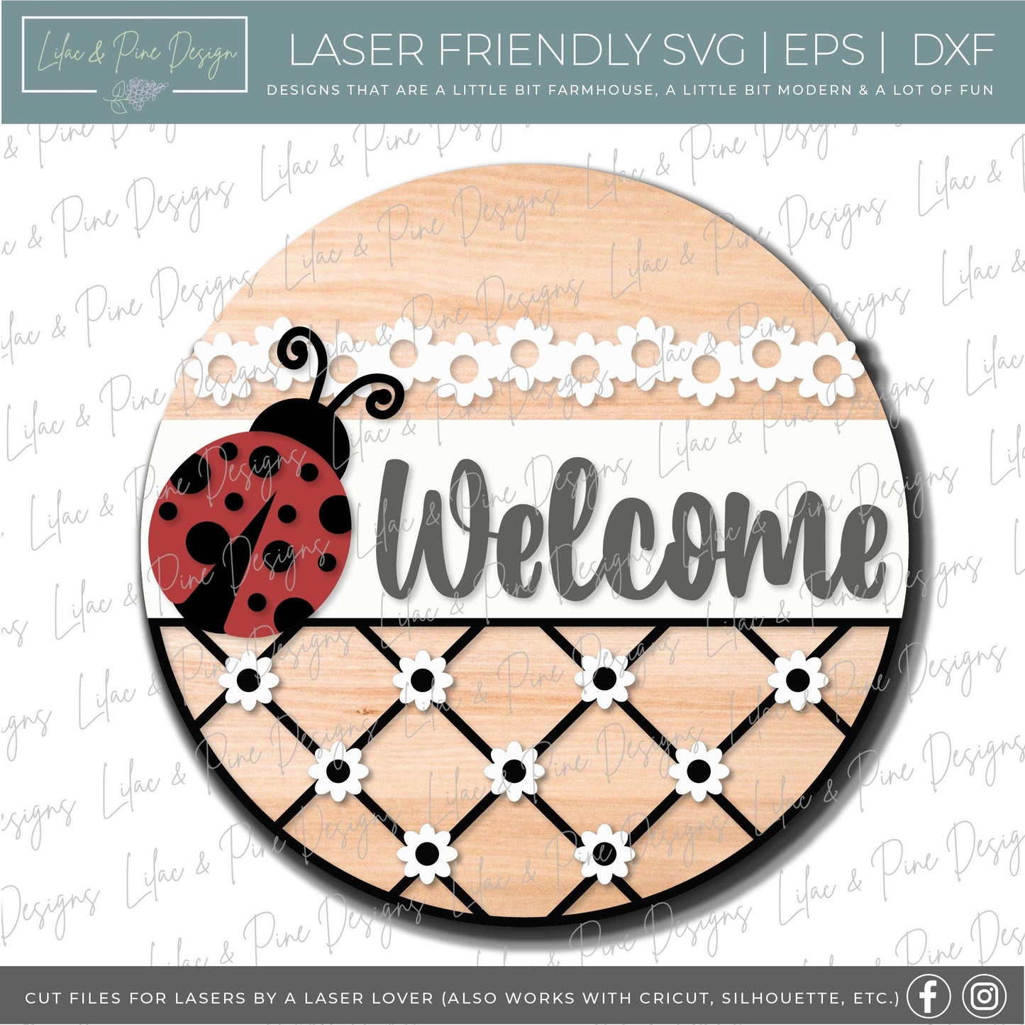 Ladybug Welcome door hanger SVG, Daisy Welcome sign, plaid and daisy svg, Ladybug sign, Summer decor, Glowforge cut file, laser SVG file
