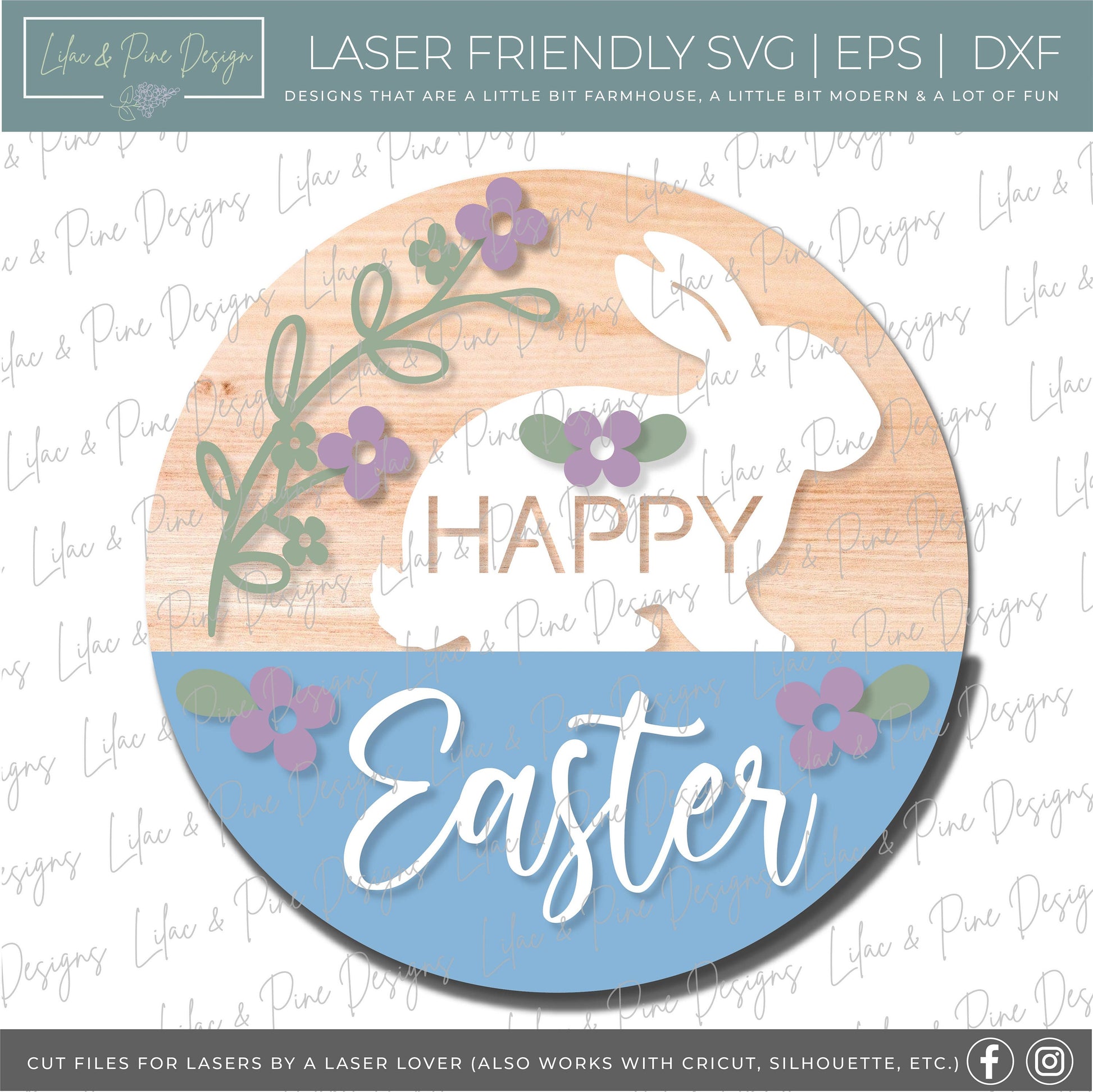 Happy Easter Welcome door hanger, Easter porch sign SVG, Easter bunny SVG, floral svg, Farmhouse Easter decor, Glowforge svg, laser cut file