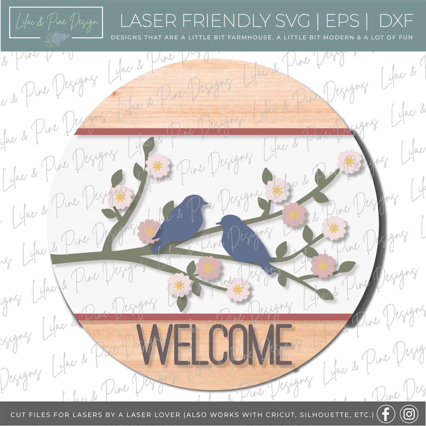Birds on branch door hanger SVG, Spring Welcome sign, apple blossom svg, cherry blossom SVG, Spring decor, Glowforge Svg, laser cut file