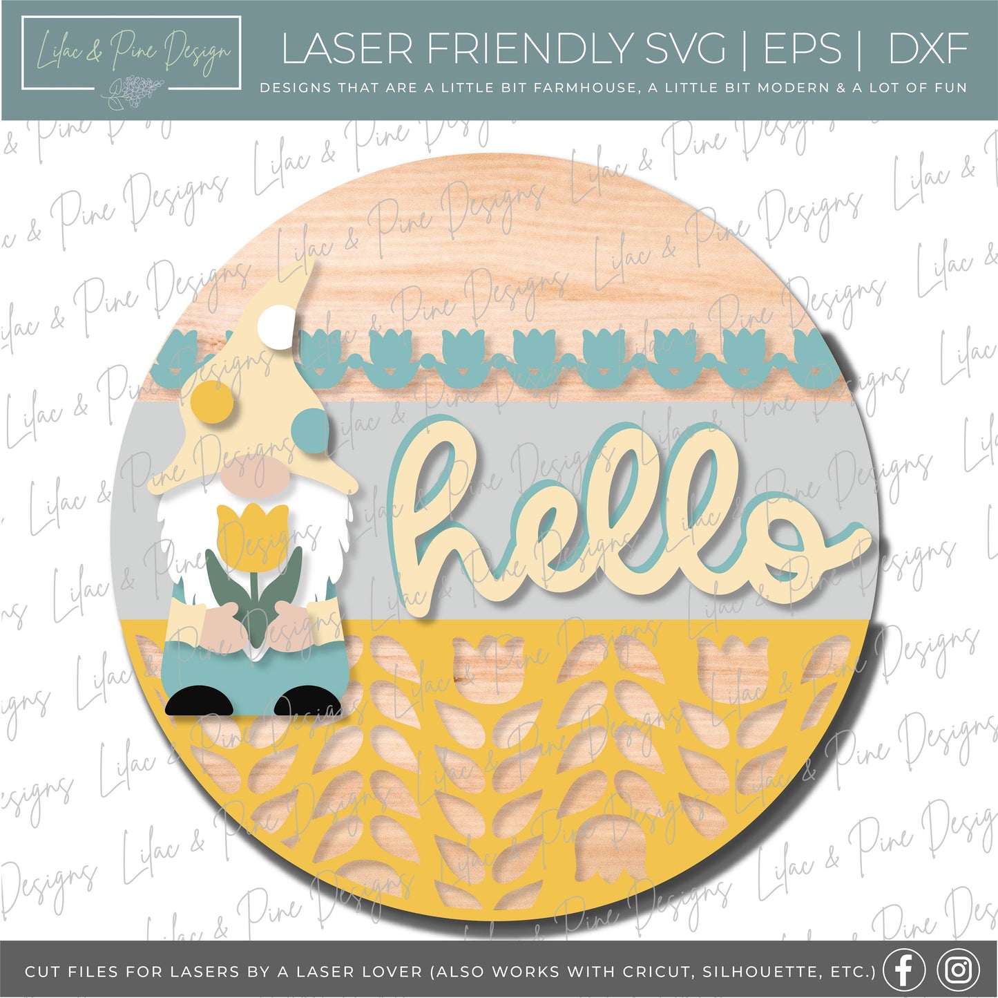 Gnome Spring door hanger, Gnome hello porch sign SVG, tulip SVG, nordic design sign, Farmhouse spring decor, Glowforge svg, laser cut file