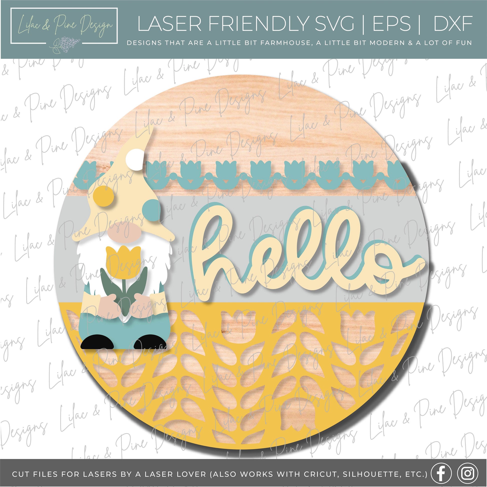 Gnome Spring door hanger, Gnome hello porch sign SVG, tulip SVG, nordic design sign, Farmhouse spring decor, Glowforge svg, laser cut file