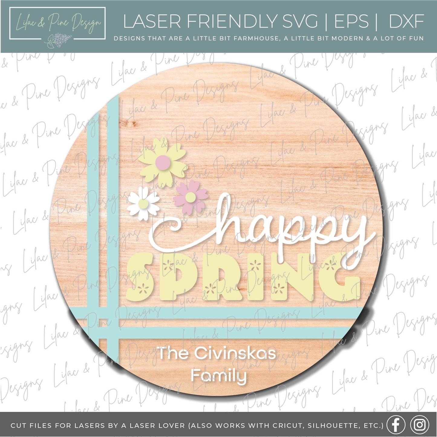 happy Spring door hanger, daisy porch sign SVG, round flower sign, floral SVG, Farmhouse spring decor, Glowforge svg, laser cut file