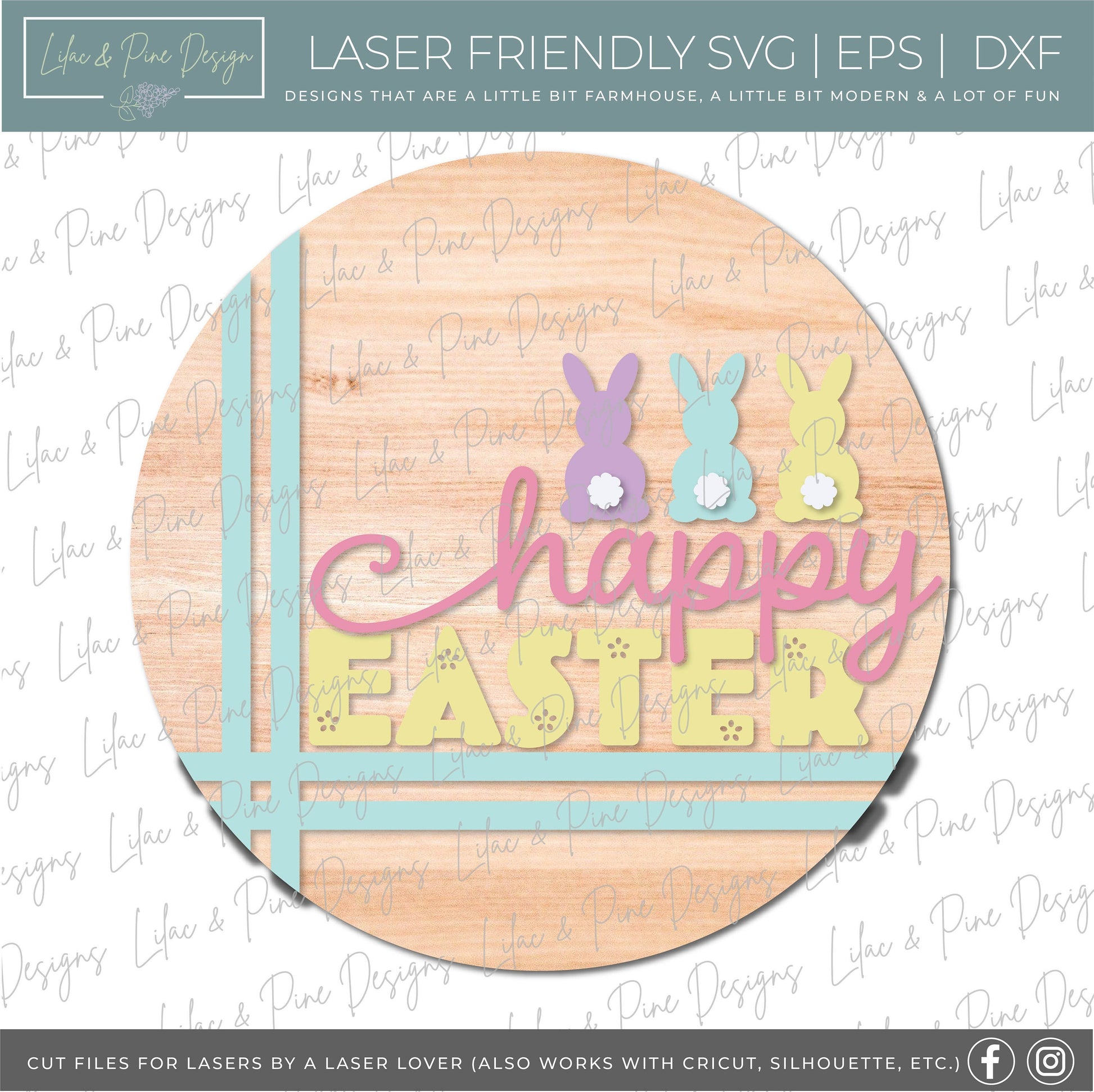 happy Easter door hanger, bunny porch sign SVG, round Easter bunny sign, Farmhouse Easter decor, Glowforge svg files, laser cut file