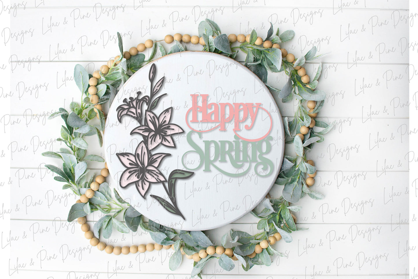 Happy Easter door hanger, happy spring porch sign SVG, round Easter lily sign, Farmhouse Easter decor, Glowforge svg files, laser cut file
