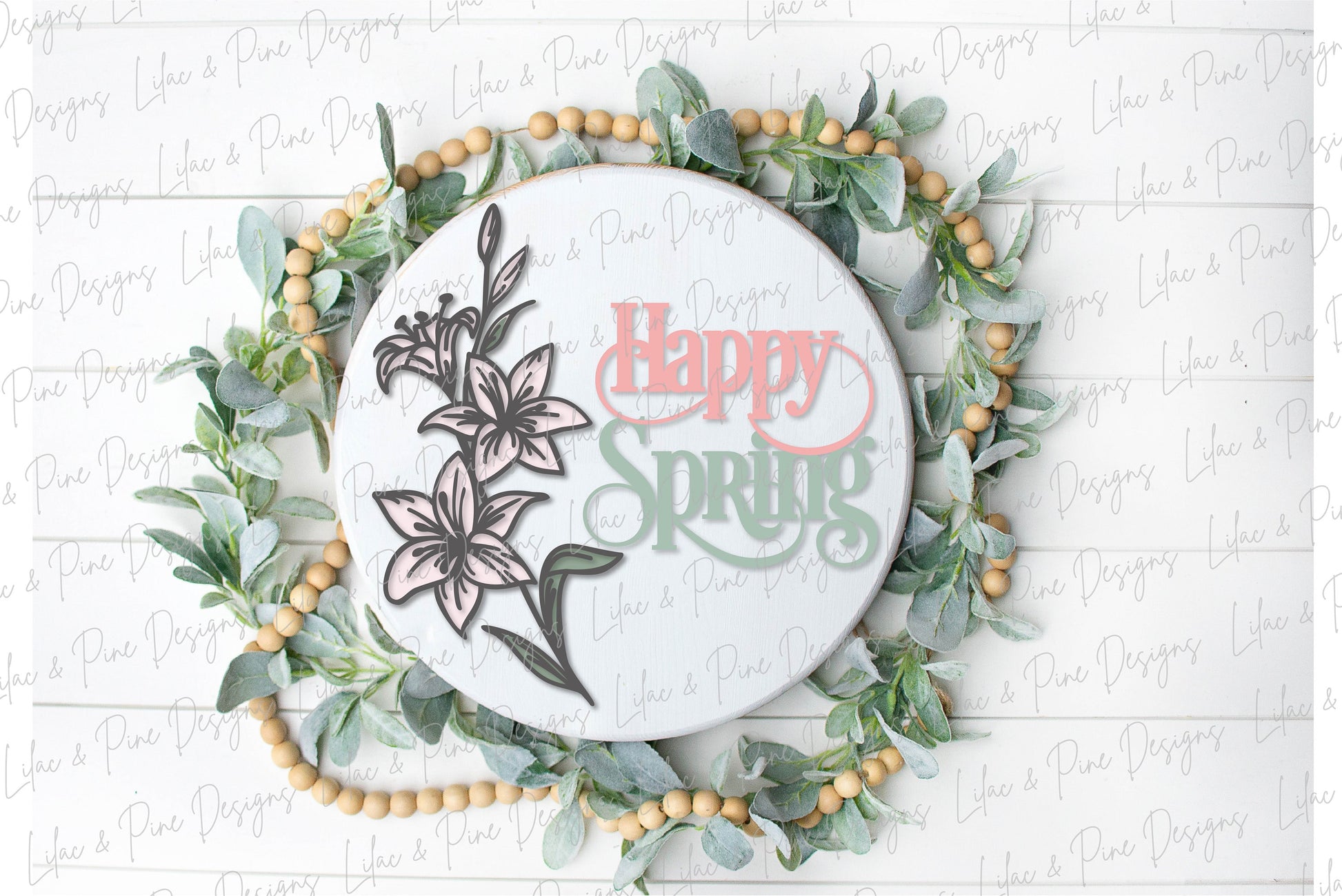Happy Easter door hanger, happy spring porch sign SVG, round Easter lily sign, Farmhouse Easter decor, Glowforge svg files, laser cut file