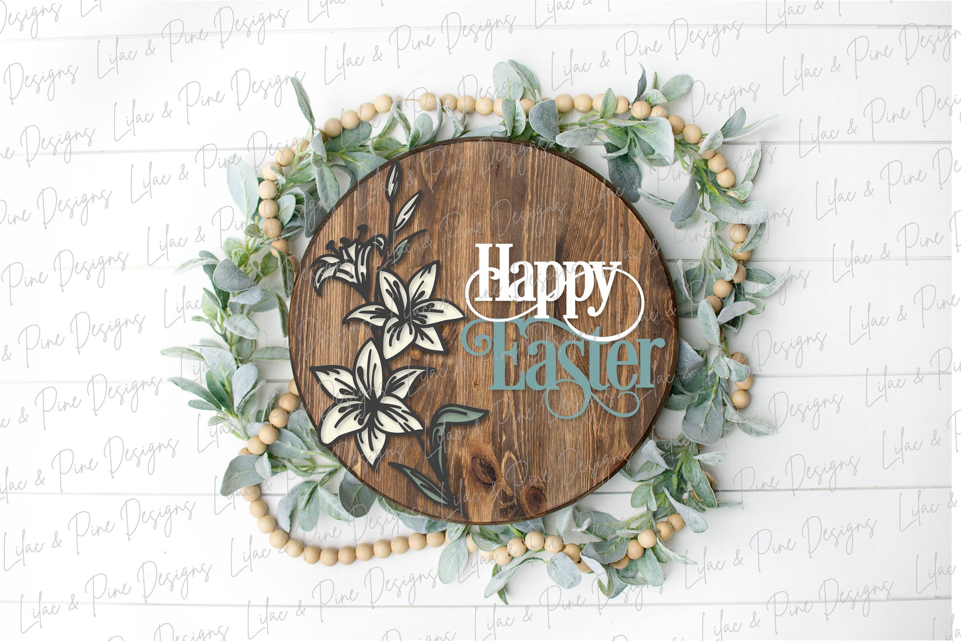 Happy Easter door hanger, happy spring porch sign SVG, round Easter lily sign, Farmhouse Easter decor, Glowforge svg files, laser cut file