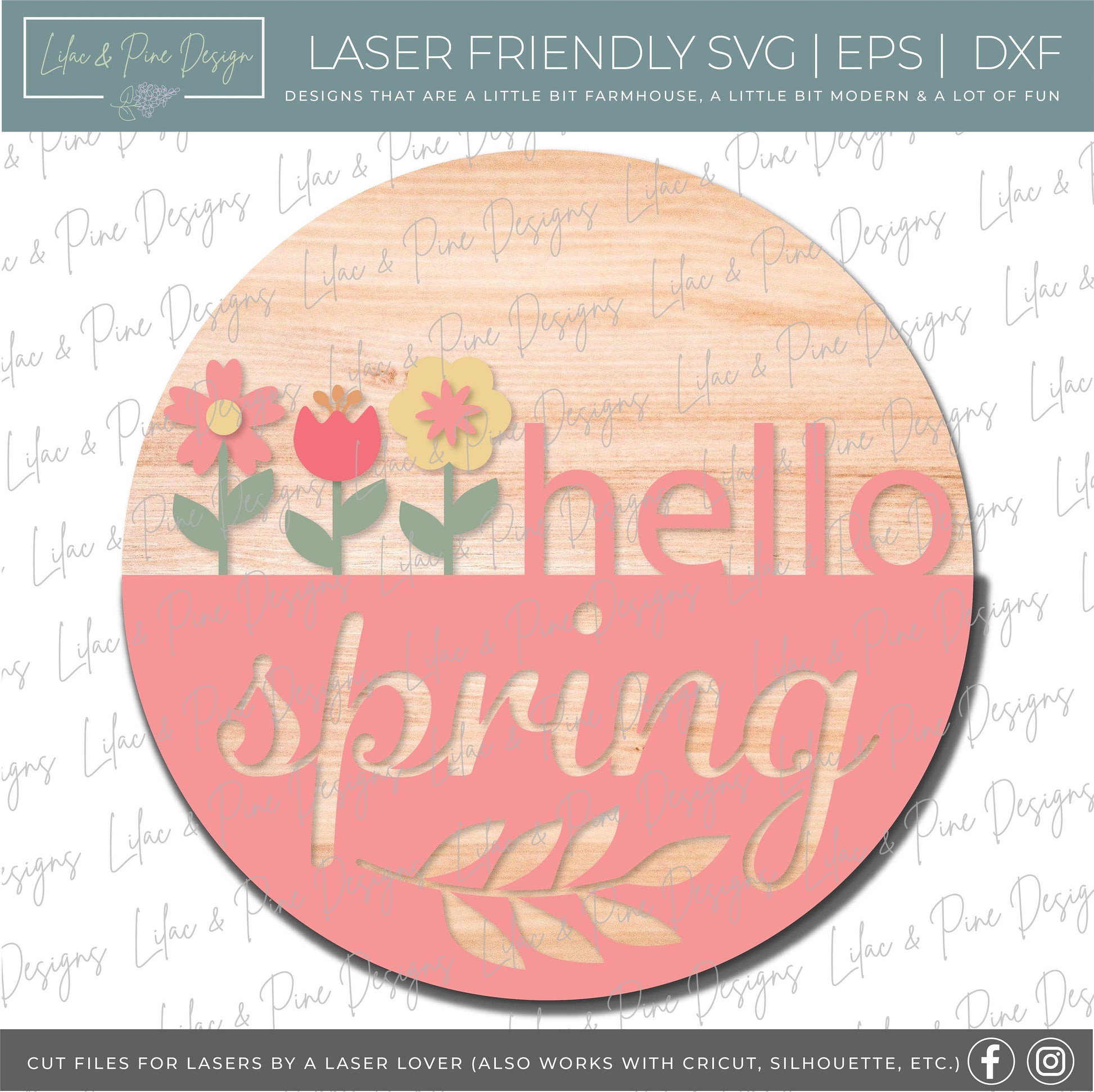 Hello Spring door hanger, spring porch sign SVG, round flower sign, floral SVG, Farmhouse spring decor, Glowforge svg, laser cut file
