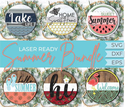 Summer Welcome door hanger bundle, Summer porch decor SVG, watermelon svg, bee svg, strawberry svg, Glowforge files, laser cut file