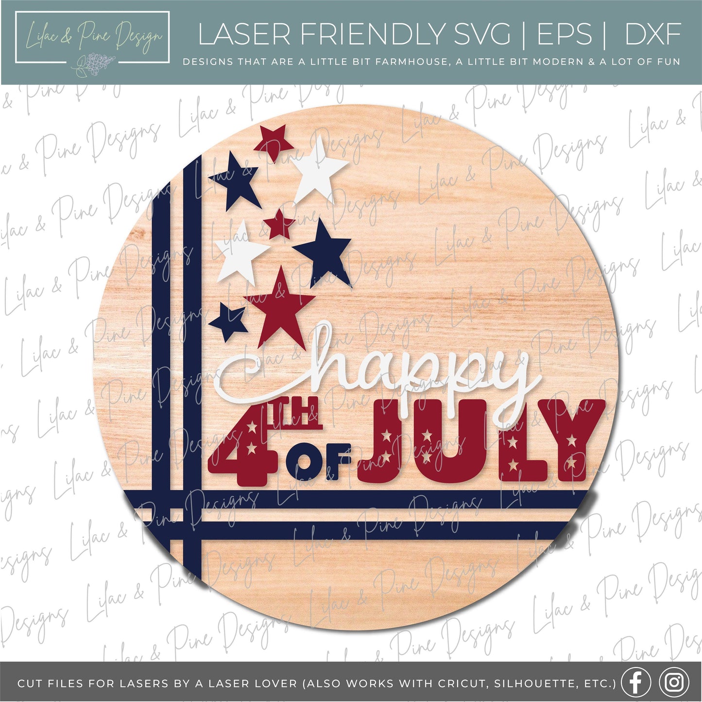 Patriotic Welcome round sign, July 4th door hanger SVG, Stars and Stripes SVG, Independence Day porch sign, Glowforge Svg, laser cut file