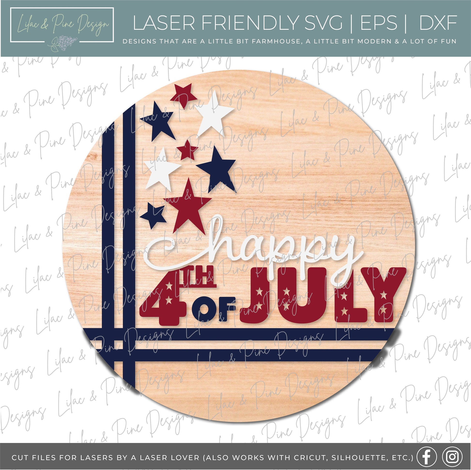 Patriotic Welcome round sign, July 4th door hanger SVG, Stars and Stripes SVG, Independence Day porch sign, Glowforge Svg, laser cut file
