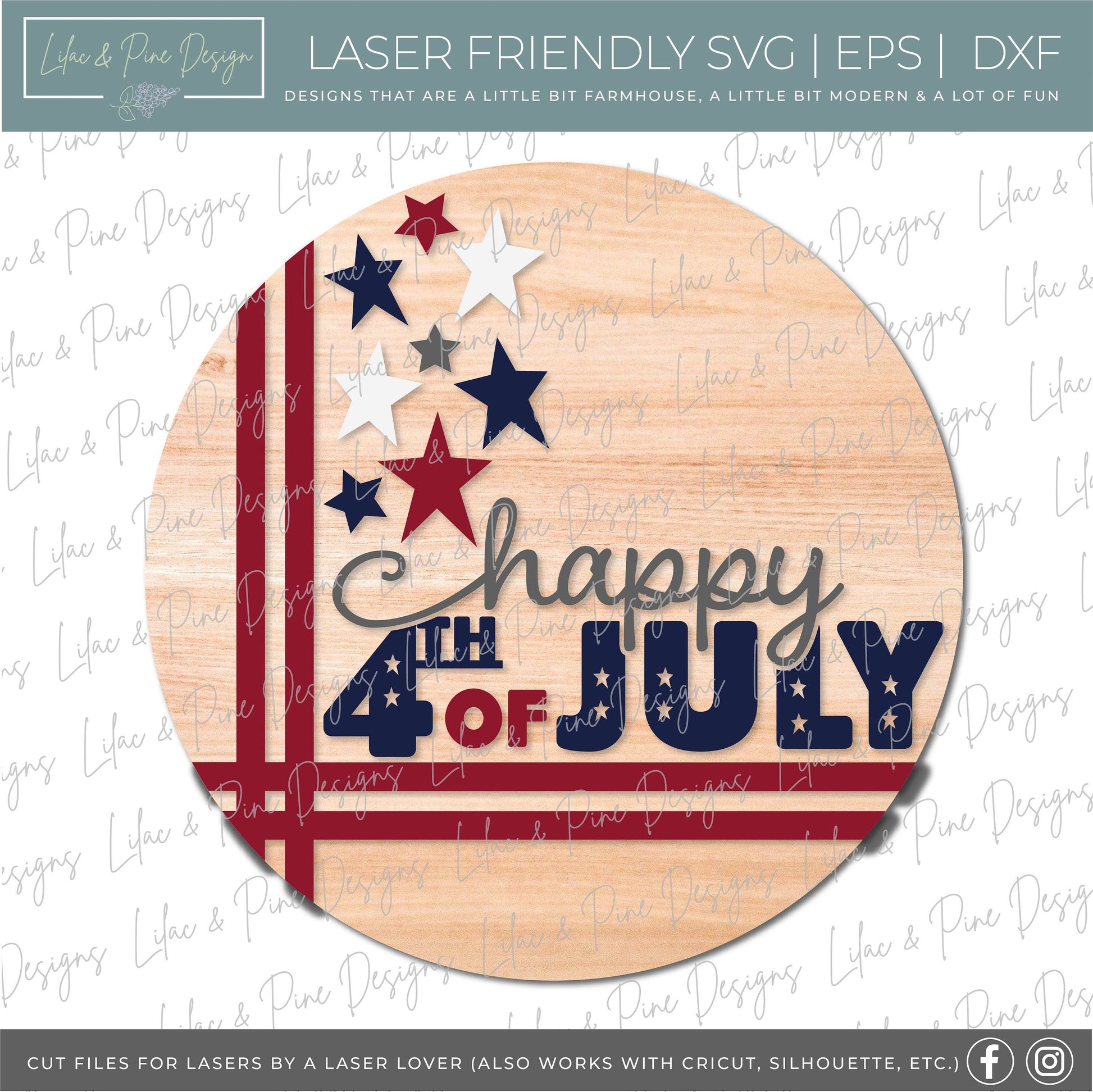 Patriotic Welcome round sign, July 4th door hanger SVG, Stars and Stripes SVG, Independence Day porch sign, Glowforge Svg, laser cut file