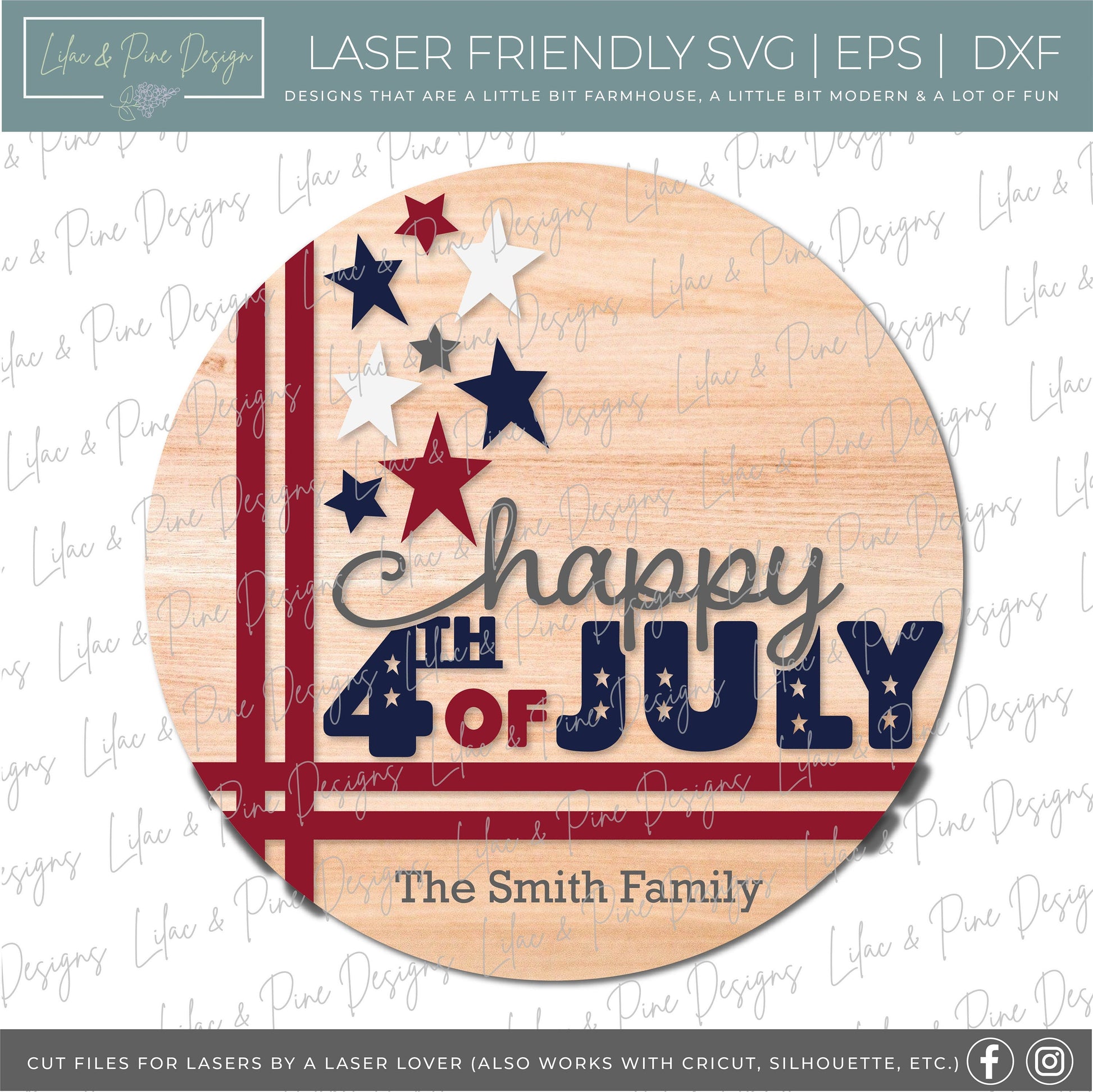 Patriotic Welcome round sign, July 4th door hanger SVG, Stars and Stripes SVG, Independence Day porch sign, Glowforge Svg, laser cut file