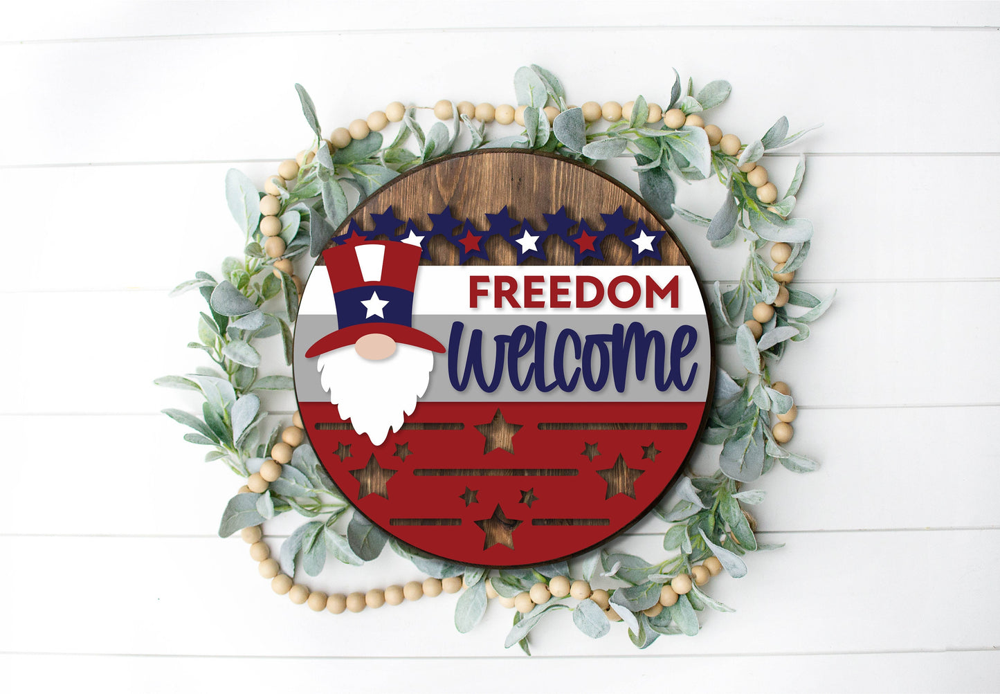 Patriotic Gnome Welcome sign, July 4th door hanger SVG, Uncle Sam Gnome SVG, Independence Day porch sign, Glowforge SVG file, laser cut file