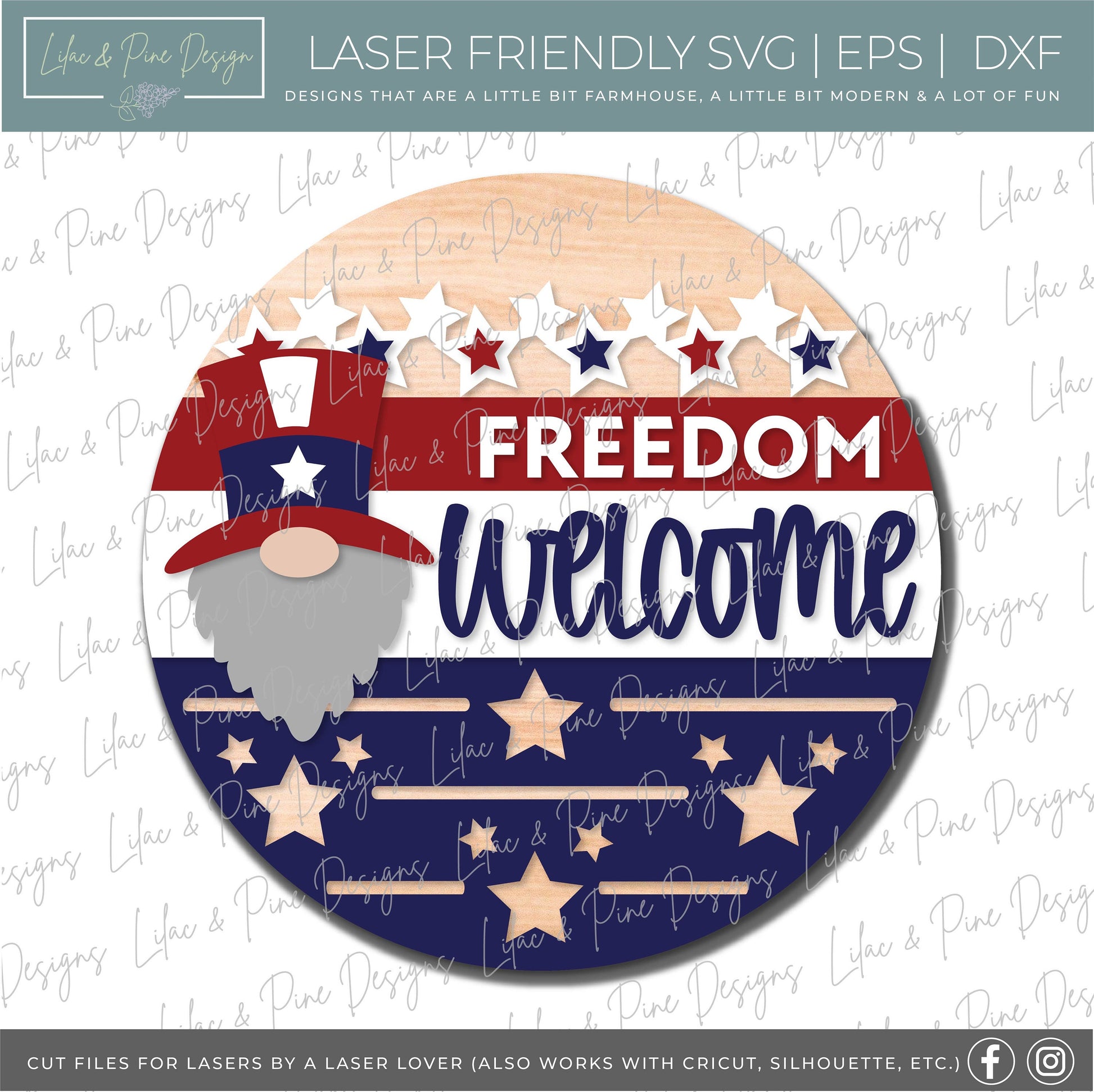 Patriotic Gnome Welcome sign, July 4th door hanger SVG, Uncle Sam Gnome SVG, Independence Day porch sign, Glowforge SVG file, laser cut file