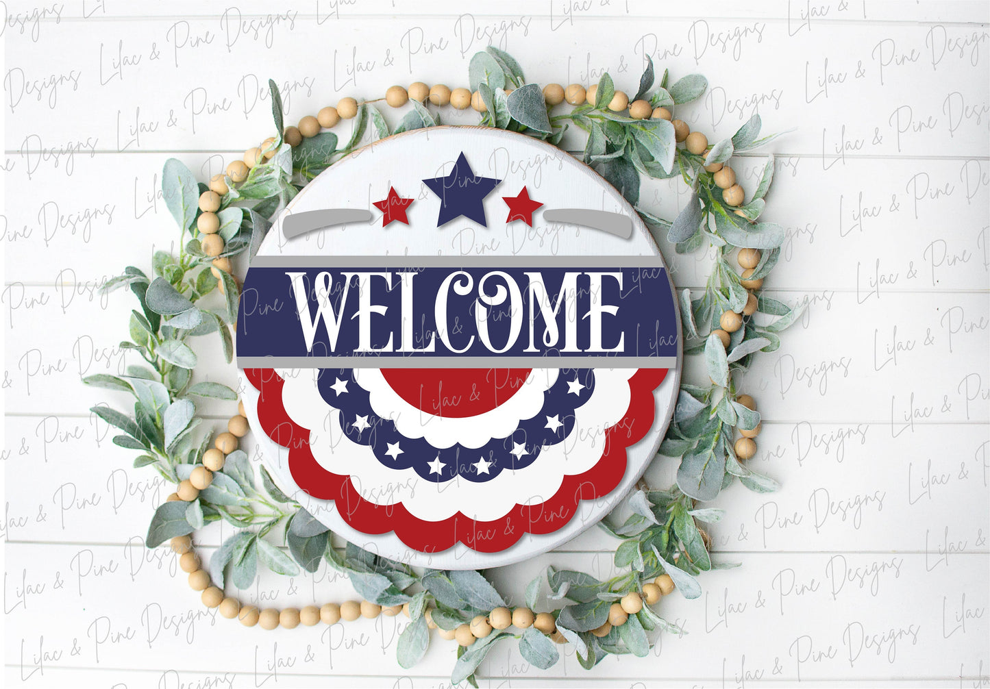 Patriotic Banner Welcome sign, July 4th door hanger SVG, Independence Day porch decor, Stars and Stripes, Glowforge SVG file, laser cut file