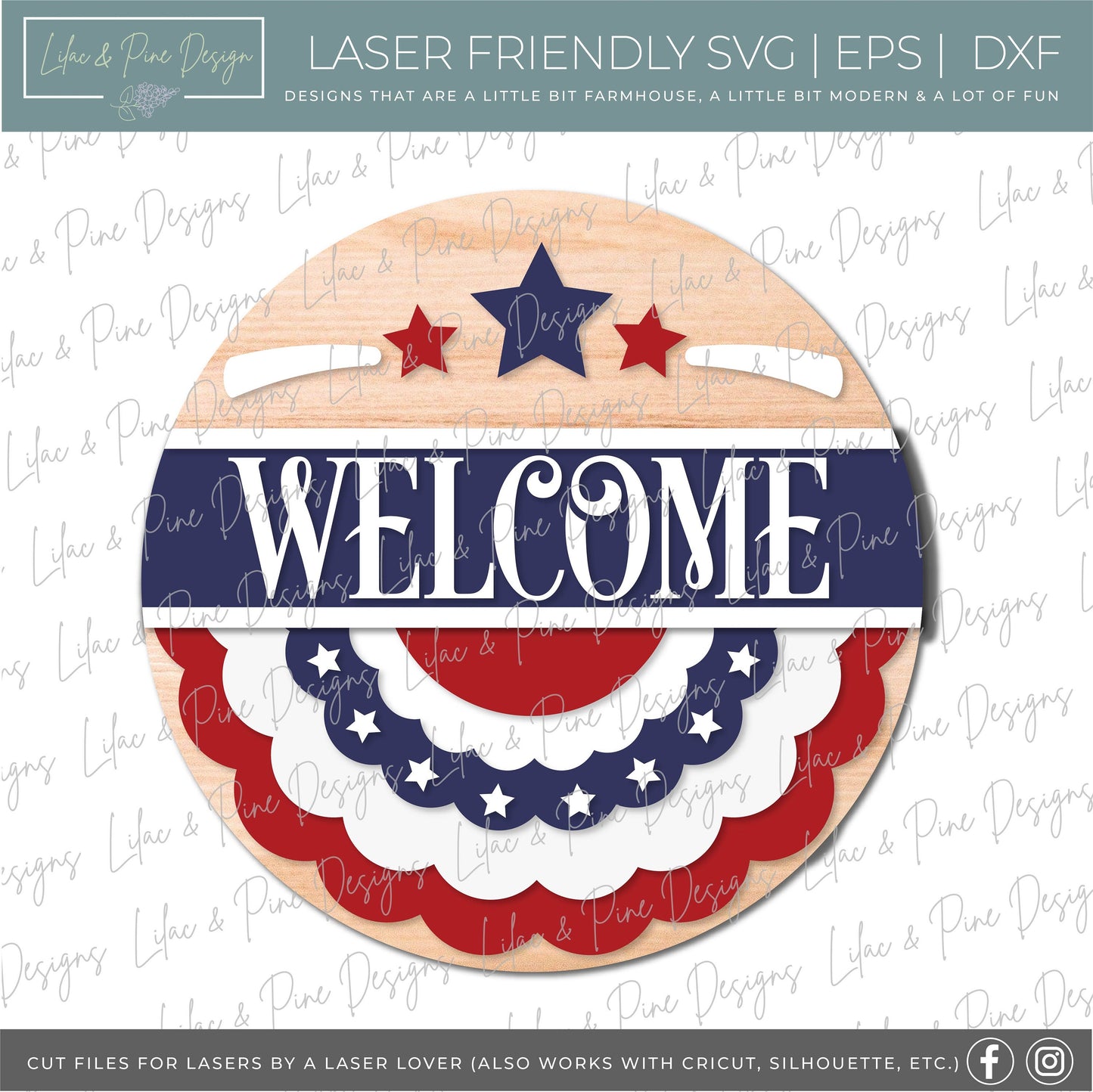 Patriotic Banner Welcome sign, July 4th door hanger SVG, Independence Day porch decor, Stars and Stripes, Glowforge SVG file, laser cut file