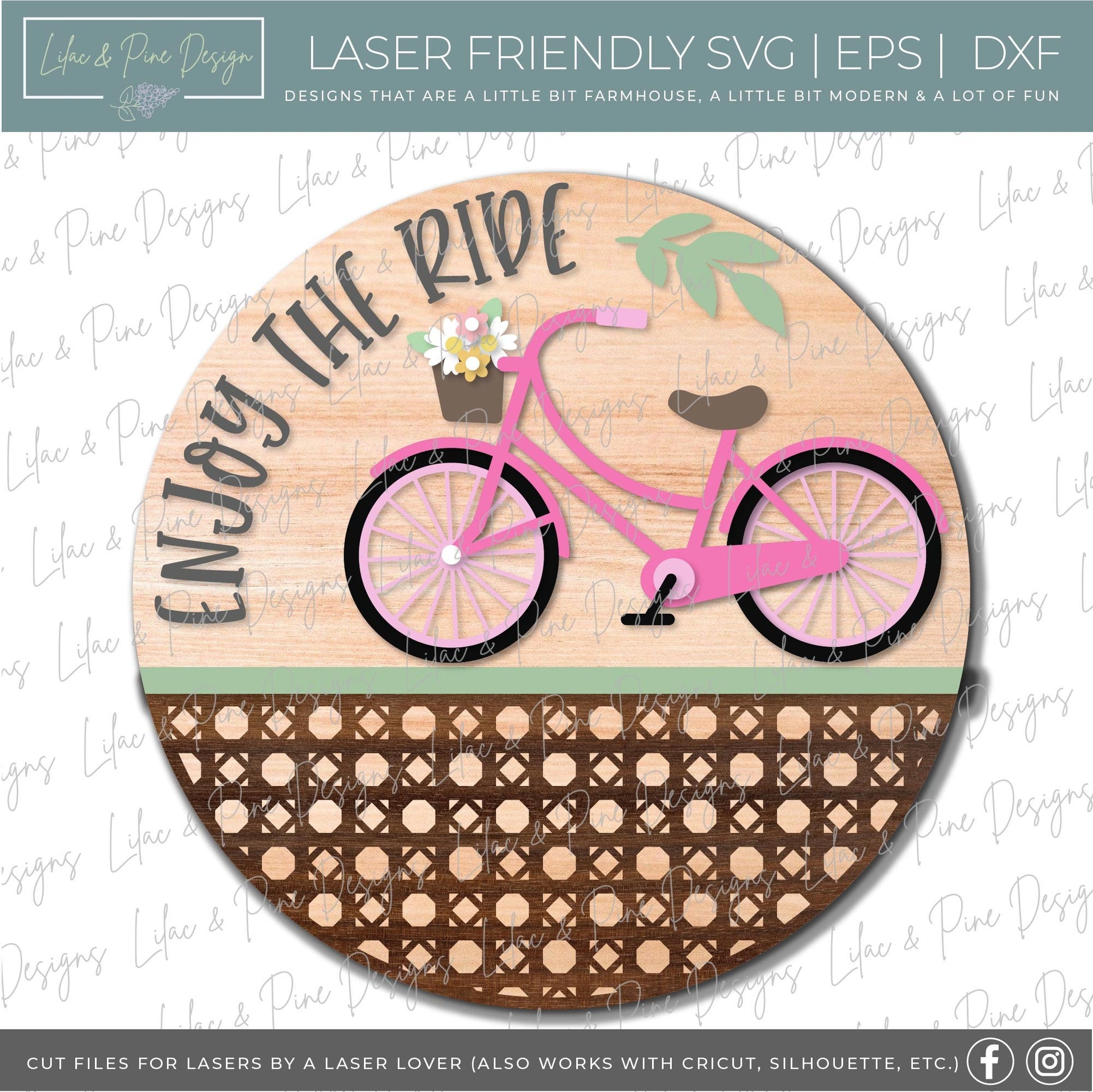 Enjoy the ride door hanger SVG, Beach Cruiser round sign, Bike svg, Rattan Welcome SVG, Summer decor, Glowforge cut file, laser SVG file