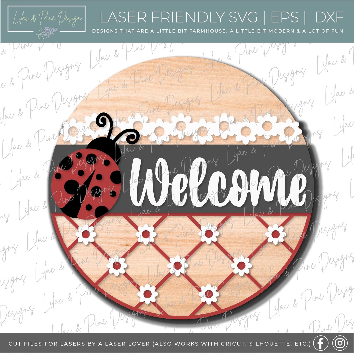 Ladybug Welcome door hanger SVG, Daisy Welcome sign, plaid and daisy svg, Ladybug sign, Summer decor, Glowforge cut file, laser SVG file
