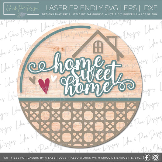 Rattan pattern door hanger SVG,  Cane pattern Home Sweet Home sign, boho decor svg,  welcome porch decor, Glowforge cut file, laser SVG file