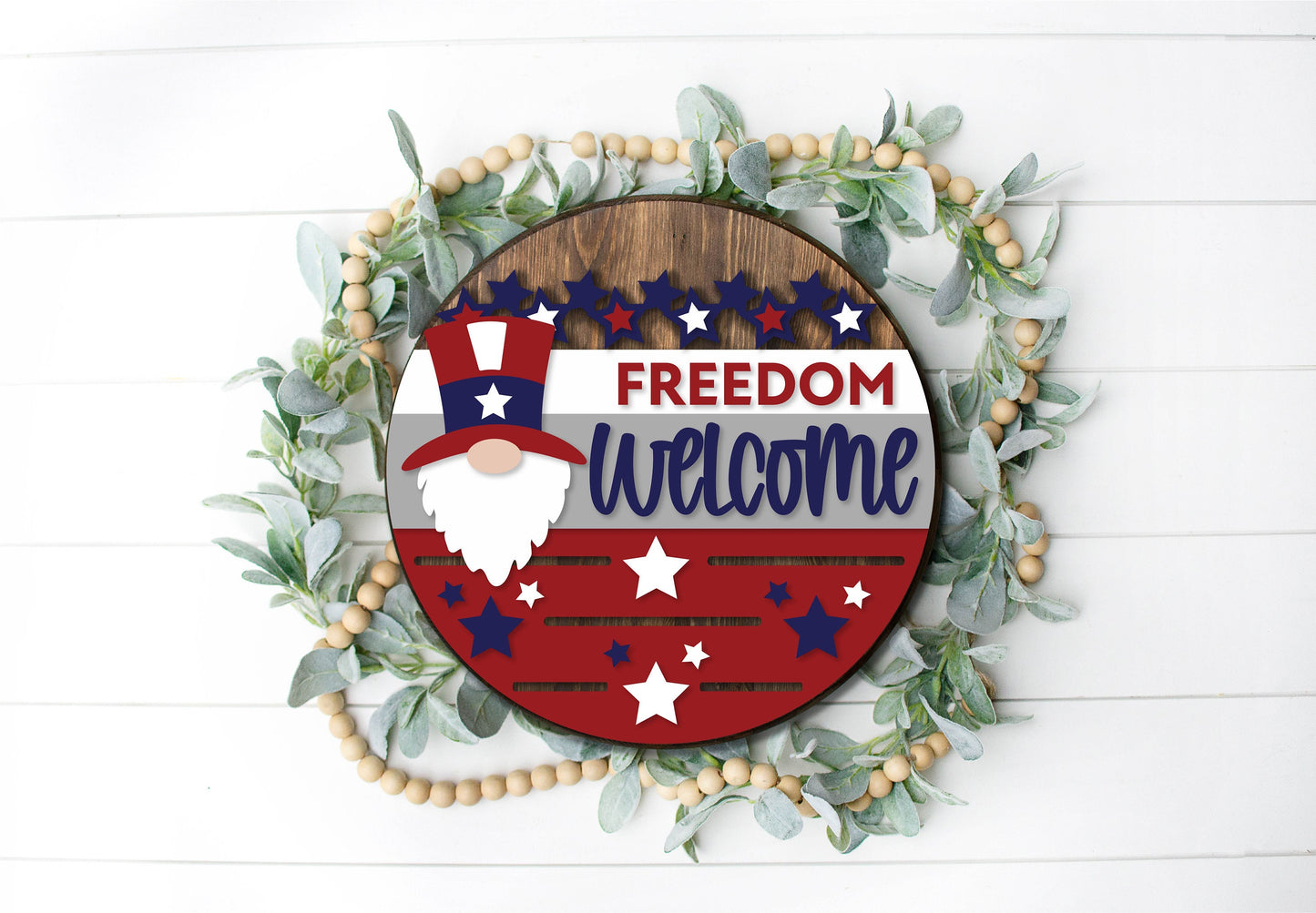 Patriotic Gnome Welcome sign, July 4th door hanger SVG, Uncle Sam Gnome SVG, Independence Day porch sign, Glowforge SVG file, laser cut file