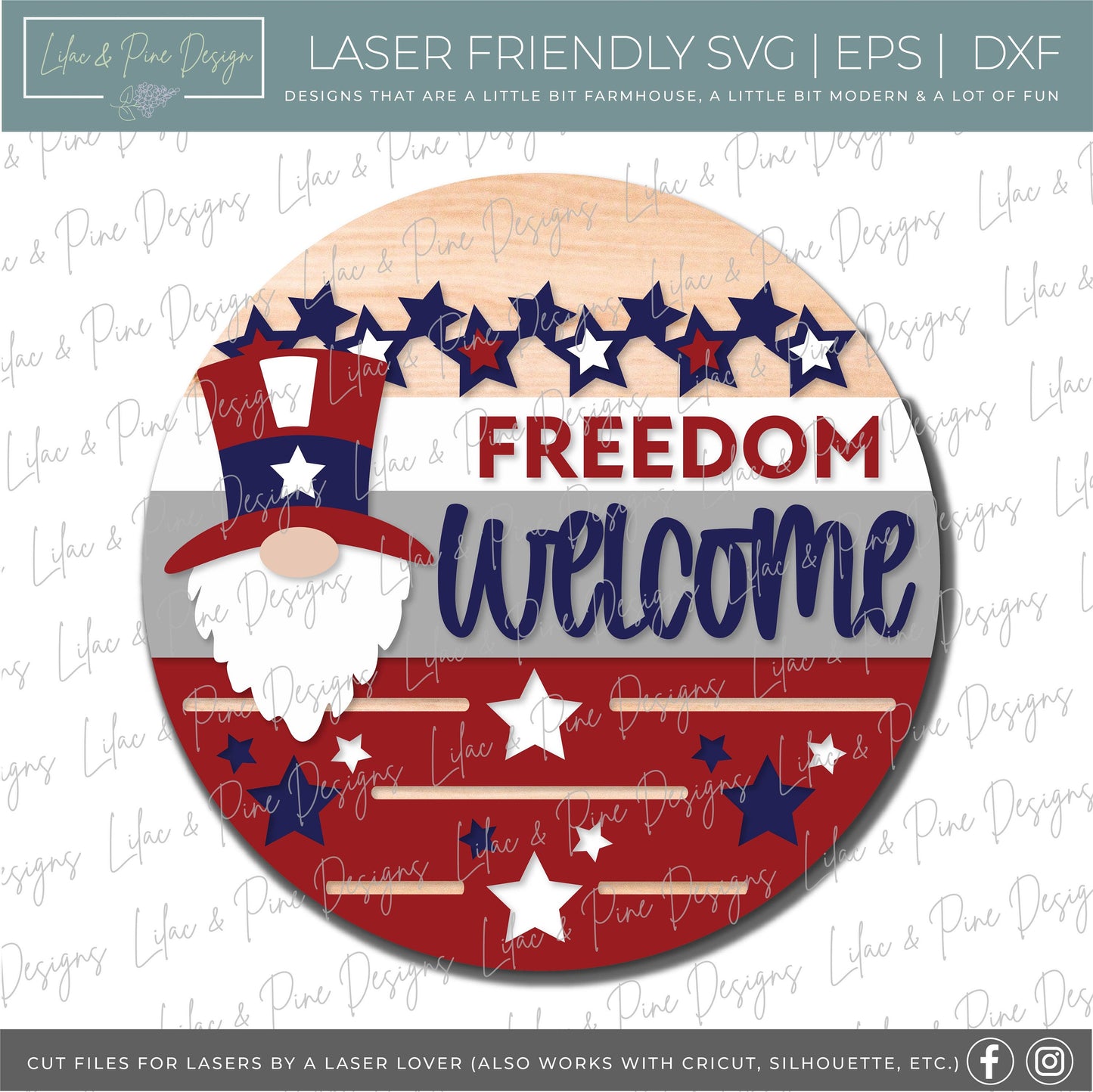 Patriotic Gnome Welcome sign, July 4th door hanger SVG, Uncle Sam Gnome SVG, Independence Day porch sign, Glowforge SVG file, laser cut file