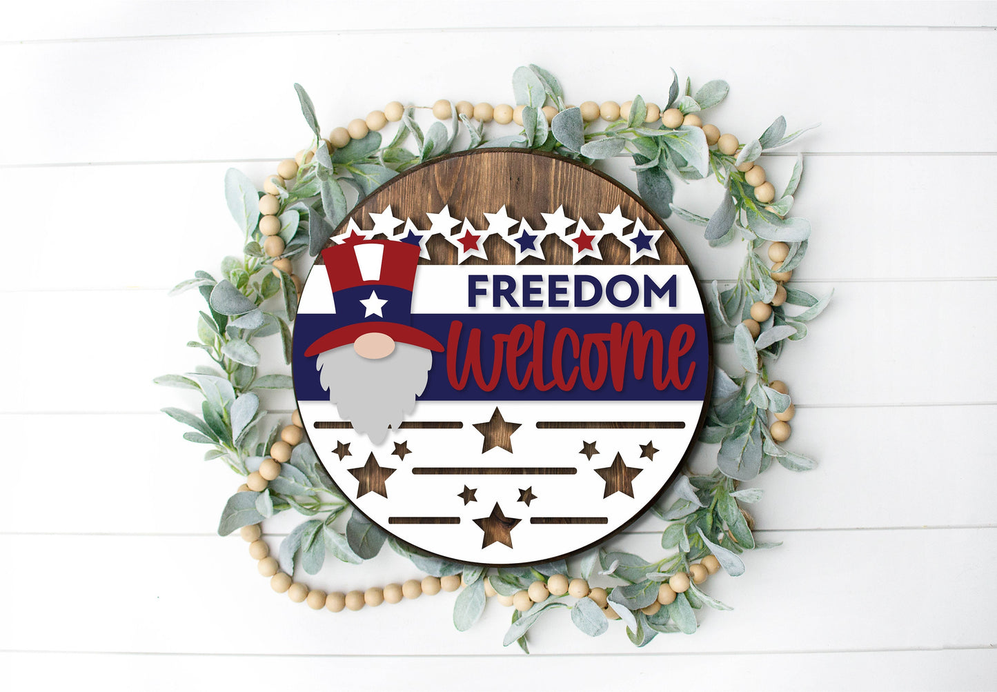 Patriotic Gnome Welcome sign, July 4th door hanger SVG, Uncle Sam Gnome SVG, Independence Day porch sign, Glowforge SVG file, laser cut file